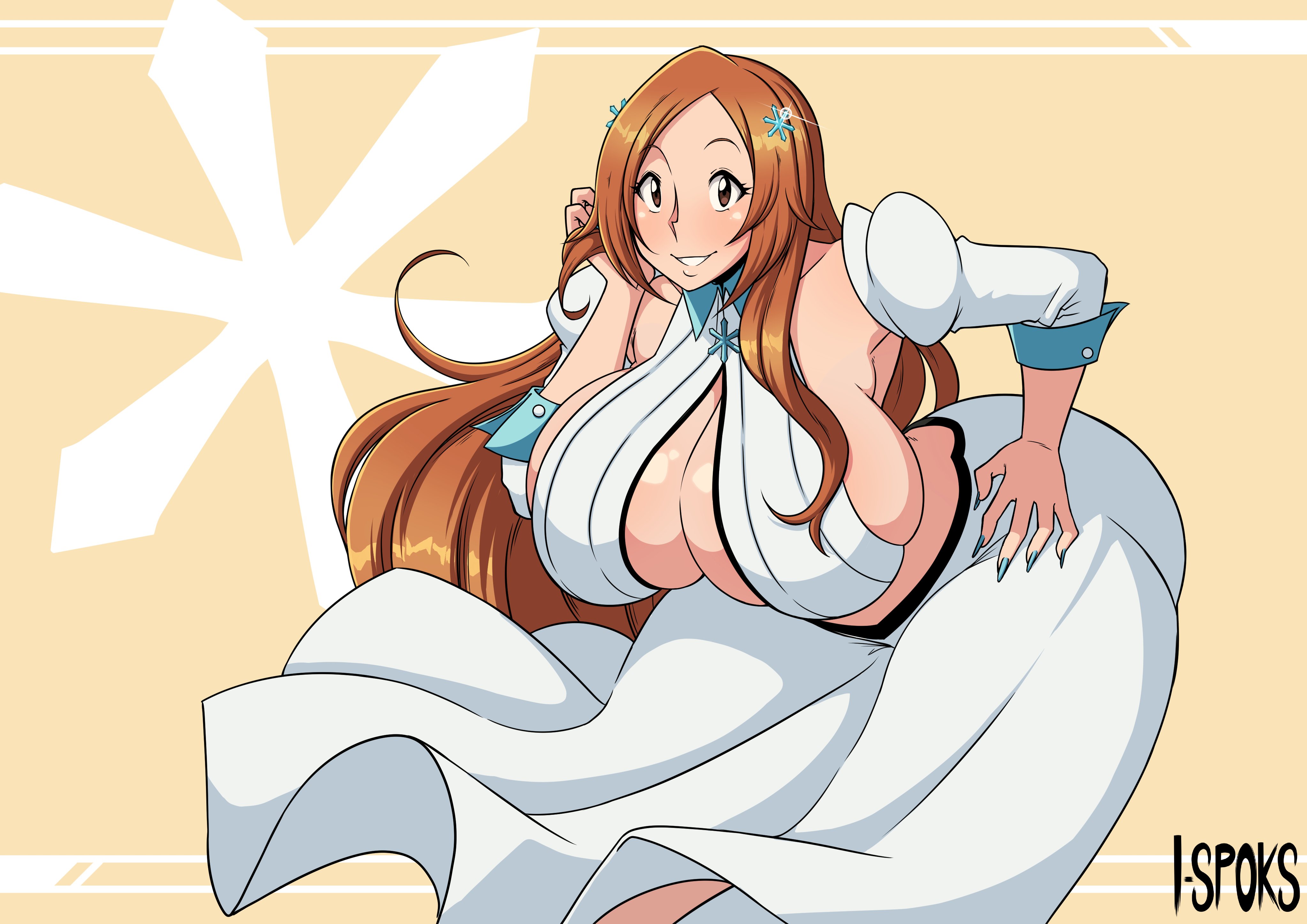 ilustretsspoks, inoue orihime, bleach, bleach: sennen kessen-hen, commission, 1girl, 2023, alternate breast size (larger), artist name, breasts, brown eyes, cleavage, cleavage cutout, clothing cutout, collarbone, detached sleeves, female focus, hair ornament, hairclip, hand on own hip, large breasts, light blush, long hair, long skirt, orange hair, puffy sleeves, simple background, skirt, snowflake hair ornament