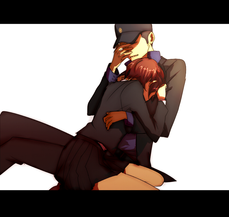 koredemoka, serori (koredemoka), iori junpei, shiomi kotone, atlus, persona, persona 3, persona 3 portable, 1boy, 1girl, hat, hetero, hug, letterboxed, school uniform, short hair