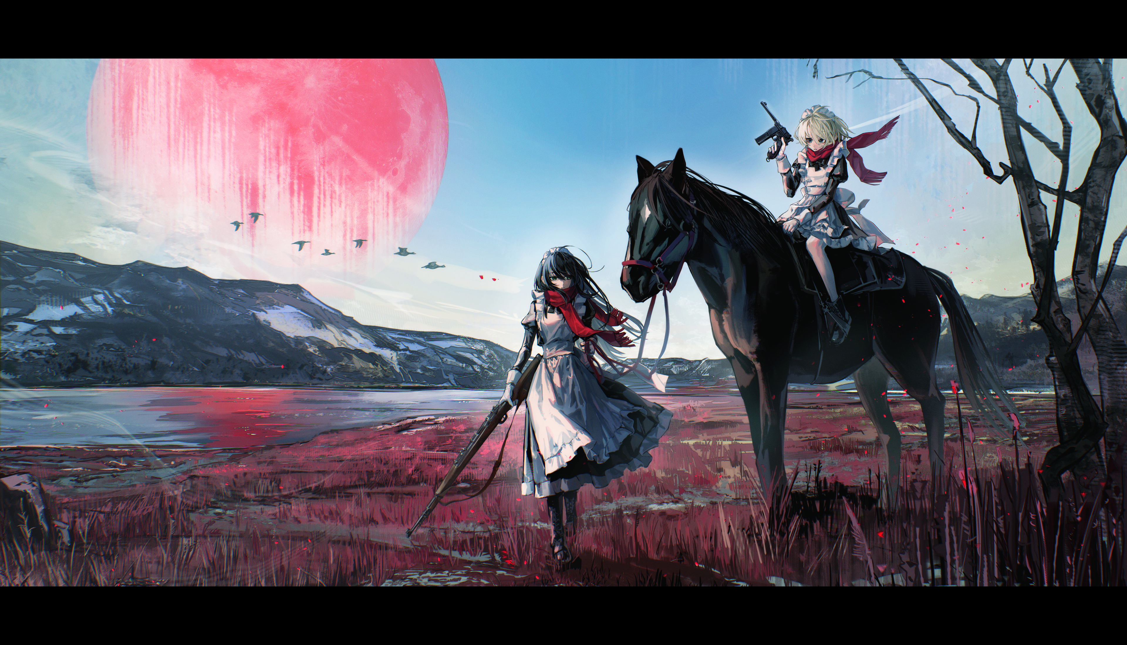 safutsuguon, original, absurdres, commentary request, highres, 2girls, apron, bare tree, black boots, black dress, black hair, boots, closed mouth, cloud, day, dress, flock, frilled apron, frilled skirt, frills, gloves, grass, green eyes, grey hair, gun, hand up, holding, holding gun, holding leash, holding weapon, horse, horseback riding, juliet sleeves, lace-up boots, leash, long dress, long hair, long sleeves, looking ahead, looking at another, looking to the side, maid, maid apron, maid headdress, medium dress, moon, multiple girls, parted lips, puffy sleeves, red moon, red scarf, riding, rifle, river, scarf, short hair, skirt, sky, sleeve cuffs, sniper rifle, submachine gun, thighhighs, tree, walking, water, weapon, white apron, white gloves, white headdress, white thighhighs, wide shot