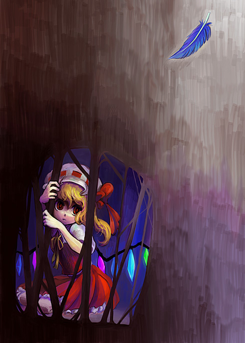 shio (kuroame), flandre scarlet, embodiment of scarlet devil, touhou, bad id, bad pixiv id, 1girl, blonde hair, dungeon, feathers, female focus, hat, mob cap, prison, red eyes, solo, white hat, wings