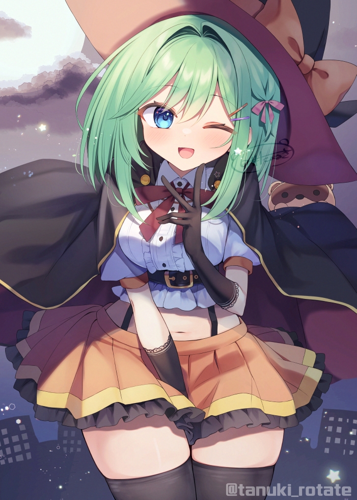 shirai tanuki, takeda emi, original, commentary request, 1girl, belt, black belt, black cape, black gloves, black thighhighs, blue eyes, bow, bowtie, breasts, cape, center frills, cityscape, collared shirt, cowboy shot, cropped shirt, elbow gloves, frilled skirt, frills, full moon, gloves, green hair, hair bow, hair ornament, hairclip, halloween, hand up, hat, hat bow, lace, lace-trimmed gloves, lace trim, looking at viewer, medium breasts, medium hair, midriff, moon, navel, night, one eye closed, open mouth, orange bow, orange skirt, outdoors, pink bow, pleated skirt, puffy short sleeves, puffy sleeves, red bow, red bowtie, shirt, short sleeves, skirt, smile, solo, star (sky), star (symbol), thighhighs, thighs, twitter username, white shirt, witch, witch hat, zettai ryouiki