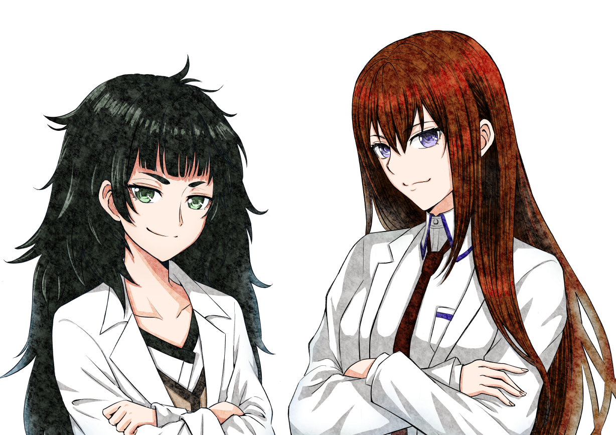 kaijin-m, hiyajou maho, makise kurisu, science adventure, steins;gate, steins;gate 0, commentary request, 2girls, breast pocket, breasts, brown hair, collarbone, crossed arms, dress shirt, flat chest, green eyes, green hair, hair over shoulder, lab coat, long hair, looking at viewer, messy hair, multiple girls, necktie, pocket, purple eyes, red necktie, shirt, small breasts, smile, smug, very long hair, white shirt