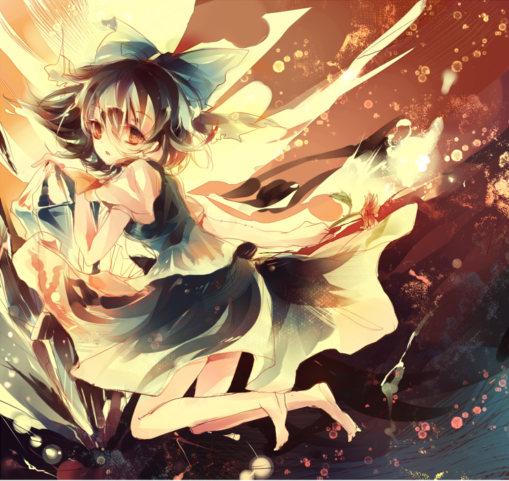 kirero, cirno, touhou, 1girl, barefoot, blue hair, bow, female focus, flower, hair between eyes, short hair, solo, wings