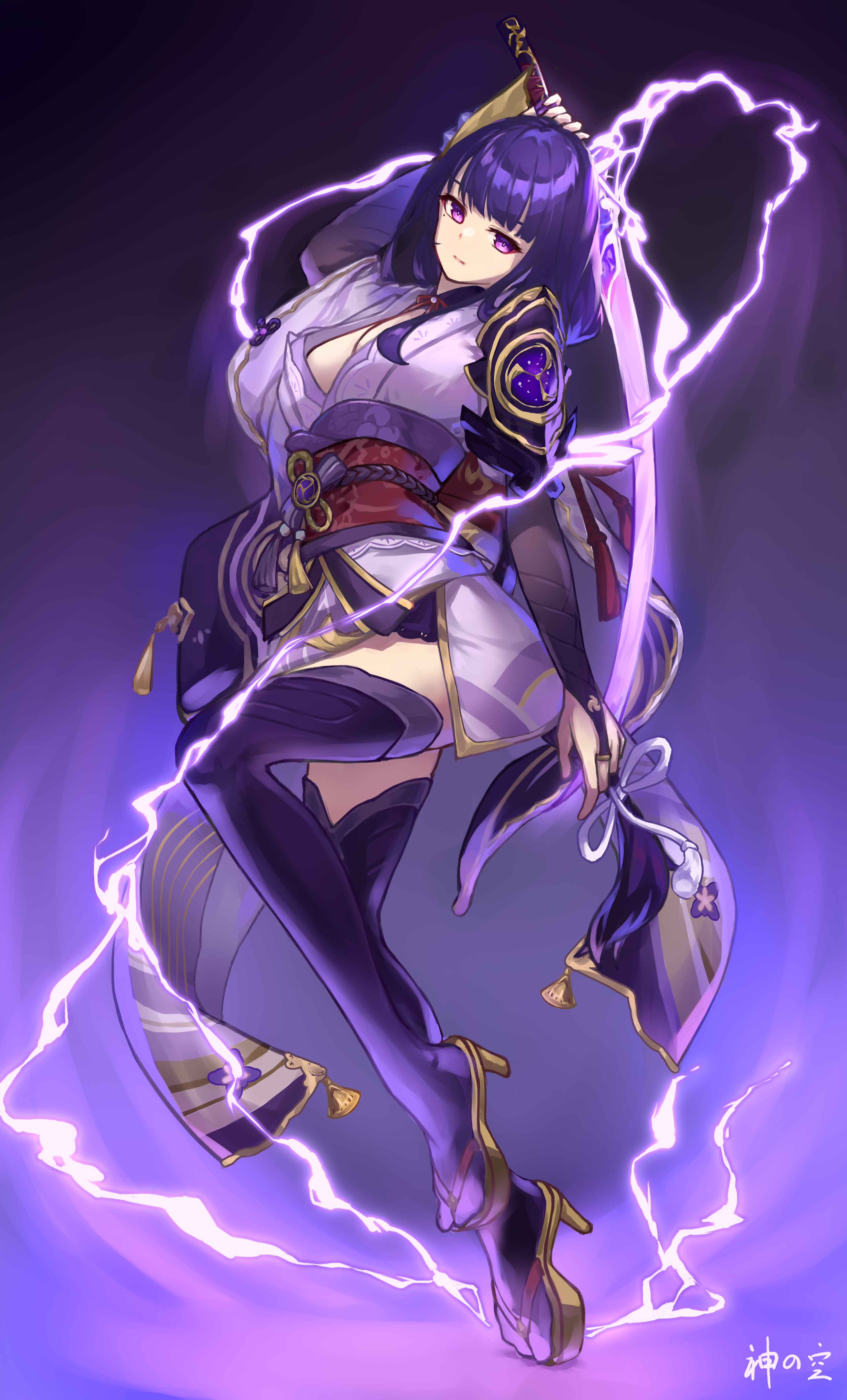 raiden shogun, genshin impact, absurdres, commentary, highres, 1girl, artist name, back bow, blunt bangs, bow, braid, breasts, bridal gauntlets, cleavage, closed mouth, electricity, floating, full body, glowing, glowing sword, glowing weapon, gradient background, hair ornament, head tilt, holding, holding sword, holding weapon, japanese clothes, kaminosora, katana, kimono, large breasts, lingerie, long braid, looking at viewer, mitsudomoe (shape), mole, mole under mouth, multicolored hair, musou isshin (genshin impact), neck ribbon, off shoulder, purple background, purple eyes, purple hair, purple kimono, purple thighhighs, red ribbon, red sash, ribbon, sash, shade, single braid, solo, streaked hair, sword, thighhighs, thighs, tomoe (symbol), underwear, weapon, wide sleeves