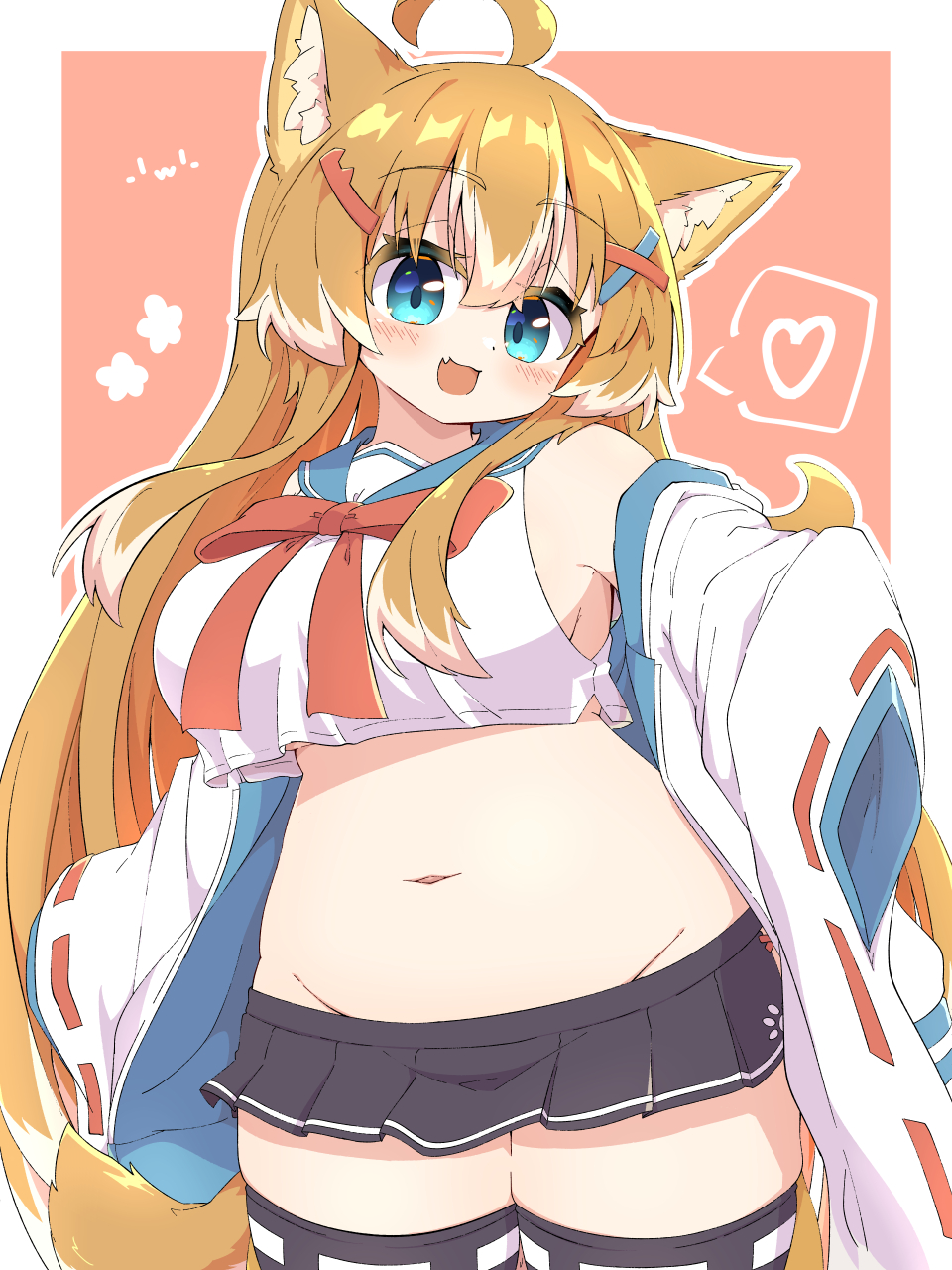 toramaru2001710, haru (toramaru2001710), original, commentary request, highres, 1girl, ahoge, animal ear fluff, animal ears, aqua eyes, belly, black skirt, black thighhighs, blue sailor collar, bow, bowtie, breasts, cowboy shot, cropped shirt, dog ears, dog girl, dog tail, fang, groin, hair between eyes, hair ornament, hairclip, heart, jacket, jacket partially removed, large breasts, light blush, long hair, looking at viewer, miniskirt, multicolored hair, navel, no panties, open clothes, open jacket, open mouth, orange hair, pleated skirt, red background, red bow, red bowtie, red ribbon, ribbon, ribbon-trimmed sleeves, ribbon-trimmed thighhighs, ribbon trim, sailor collar, shirt, sidelocks, skin fang, skindentation, skirt, sleeveless, sleeveless shirt, smile, solo, spoken heart, stomach, tail, thighhighs, two-tone hair, very long hair, white hair, white jacket, white shirt, wide sleeves, x hair ornament, zettai ryouiki
