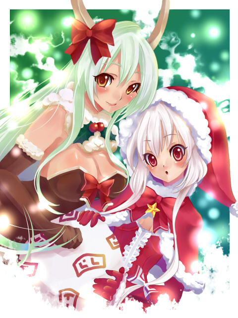 haou, ex-keine, fujiwara no mokou, kamishirasawa keine, touhou, silver hair, bad id, bad pixiv id, 2girls, breasts, christmas, female focus, green hair, horns, long hair, multiple girls, red eyes, santa costume, standing, yellow eyes