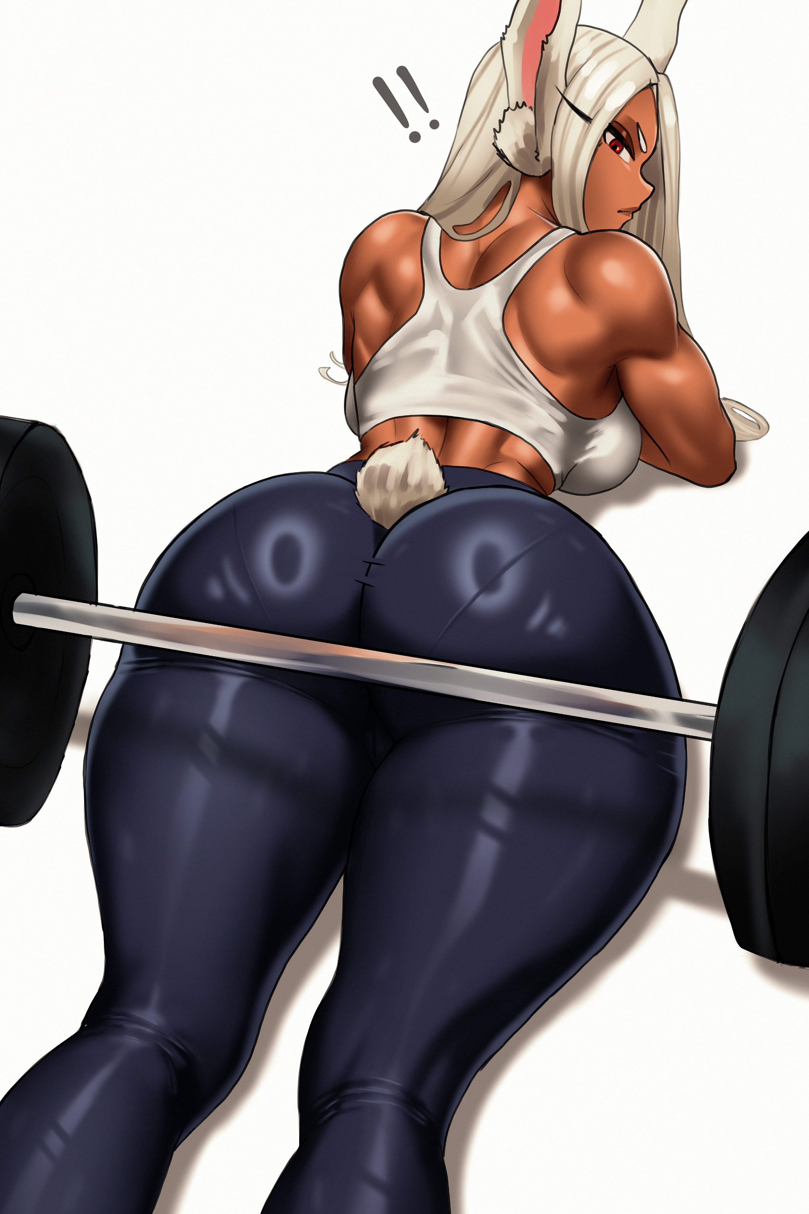witlessfrawn, mirko, boku no hero academia, absurdres, commentary, english commentary, highres, !, !!, 1girl, animal ears, ass, back, bare shoulders, black leggings, breasts, clothing cutout, covered kneepits, dark-skinned female, dark skin, from behind, hair over shoulder, huge ass, large breasts, leggings, long eyelashes, long hair, looking at viewer, looking back, lying, median furrow, on stomach, pants, pantylines, parted bangs, rabbit ears, rabbit girl, rabbit tail, red eyes, shadow, simple background, solo, sports bra, tail, tail through clothes, thick thighs, thighs, tight clothes, tight pants, toned, toned female, weights, white hair, white sports bra, yoga pants