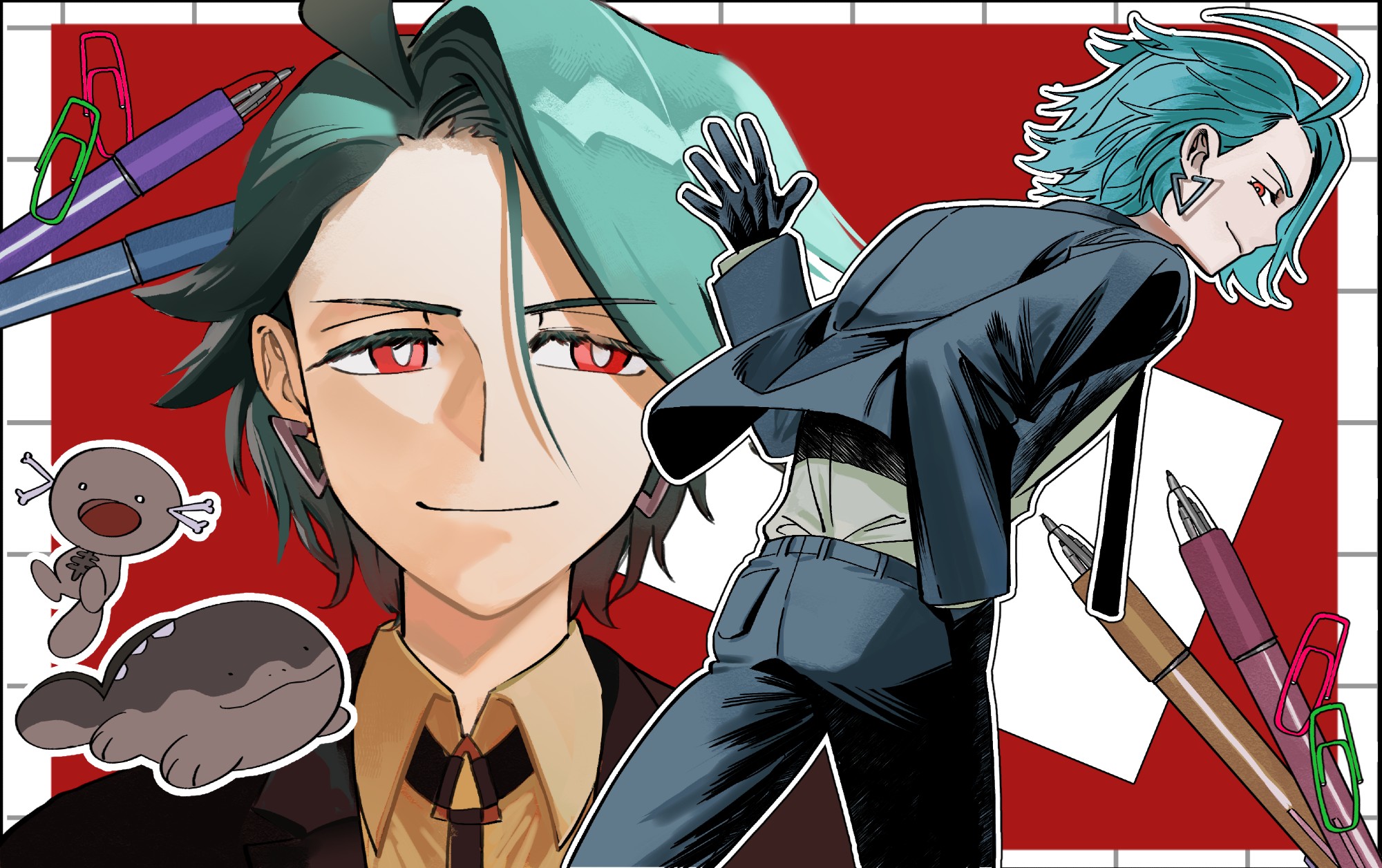 clodsire, paldean wooper, rika (pokemon), nintendo, pokemon, pokemon sv, hashtag-only commentary, highres, 1girl, ahoge, alternate costume, alternate hair length, alternate hairstyle, androgynous, aokionigiri, black gloves, black jacket, black pants, border, bright pupils, brown shirt, closed mouth, collared shirt, earrings, eyelashes, gloves, green hair, hand in pocket, jacket, jewelry, long sleeves, looking back, multiple views, outline, pants, paperclip, pen, pokemon (creature), red background, red eyes, reverse trap, shirt, short hair, single hair intake, smile, triangle earrings, white border, white outline, white pupils