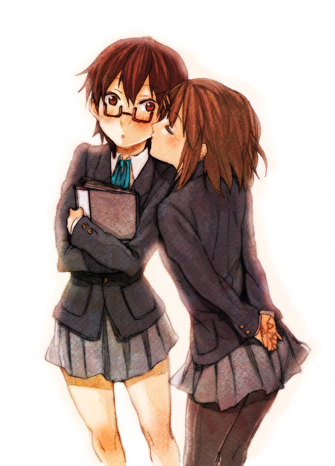 fukutarou (enji127), hirasawa yui, manabe nodoka, k-on!, 00s, 2girls, arms behind back, blazer, blush, book, brown-framed eyewear, brown eyes, brown hair, closed eyes, female focus, glasses, imminent kiss, jacket, kiss, kissing cheek, multiple girls, pantyhose, school uniform, semi-rimless eyewear, skirt, surprised, under-rim eyewear, yuri