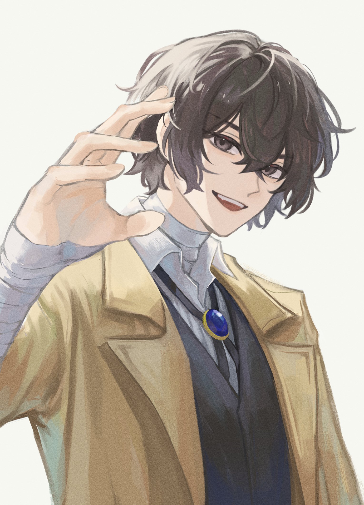 ufomelet et, dazai osamu (bungou stray dogs), bungou stray dogs, hashtag-only commentary, highres, 1boy, adam's apple, bandaged arm, bandaged neck, bandages, brown eyes, brown hair, coat, collared shirt, hair between eyes, looking at viewer, male focus, neck ribbon, open mouth, ribbon, shirt, simple background, solo, teeth, upper body, vest, waistcoat, white background, white shirt