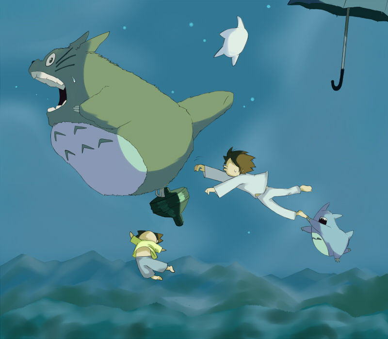 koni-yan, kusakabe mei, kusakabe satsuki, totoro, studio ghibli, tonari no totoro, 2girls, falling, flying, multiple girls, night, parody, siblings, sisters, sky, spinning top, star (sky), star (symbol), starry sky, sweatdrop, umbrella