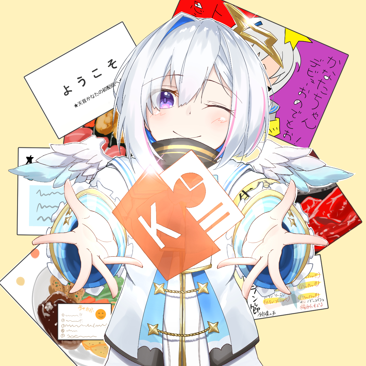 eihire, amane kanata, amane kanata (1st costume), hololive, commentary, highres, aiguillette, angel wings, armband, asymmetrical hair, blue hair, blue wings, blush, bob cut, bow, bowtie, brand name imitation, colored inner hair, feathered wings, gradient wings, grey hair, grey jacket, hair over one eye, halo, jacket, logo parody, long sleeves, microsoft powerpoint, mini wings, multicolored hair, multicolored wings, pink streaks, purple eyes, reaching, reaching towards viewer, sailor collar, shirt, short hair, single hair intake, sleeve cuffs, star halo, streaked hair, tilted halo, turtleneck, virtual youtuber, white sailor collar, white shirt, white wings, wide sleeves, wings, yellow bow, yellow bowtie