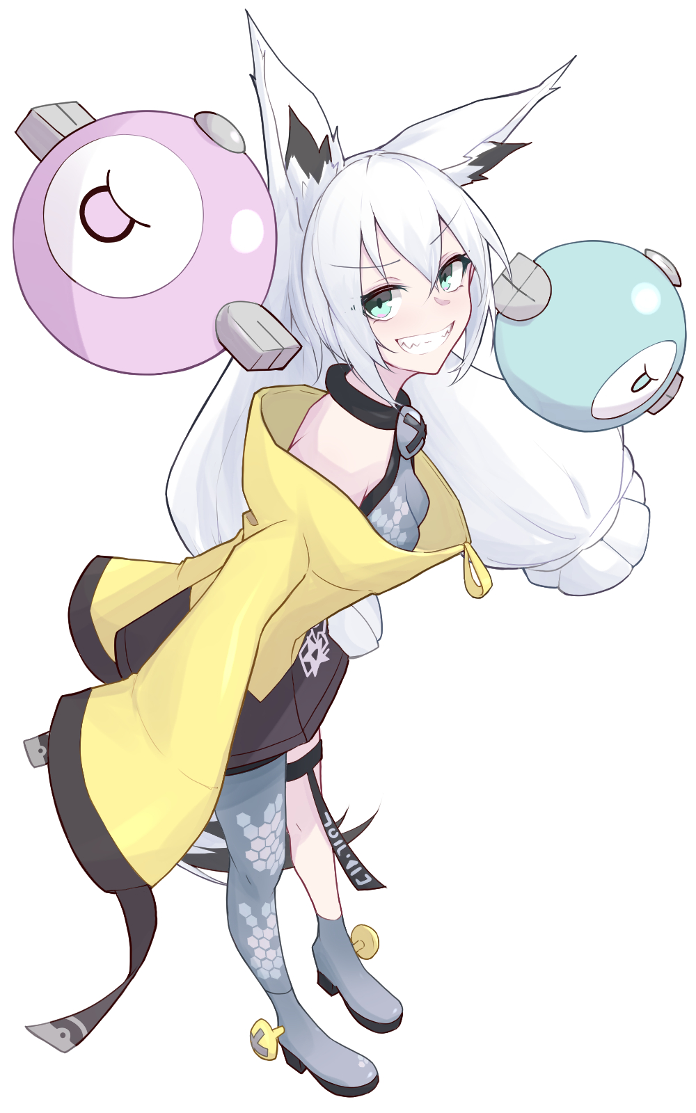 eihire, iono (pokemon), magnemite, shirakami fubuki, hololive, nintendo, pokemon, pokemon sv, commentary, highres, 1girl, ahoge, animal ear fluff, animal ears, ankle boots, aqua eyes, arched back, arms at sides, boots, breasts, cosplay, double-parted bangs, fox ears, from side, full body, gen 1 pokemon, grey boots, grey pantyhose, grin, hair between eyes, halterneck, hexagon print, high heel boots, high heels, iono (pokemon) (cosplay), jacket, leaning forward, long hair, long sleeves, looking at viewer, low-tied long hair, low twintails, multicolored jacket, pantyhose, sharp teeth, sidelocks, single leg pantyhose, sleeves past fingers, sleeves past wrists, small breasts, smile, smug, solo, teeth, tight clothes, twintails, two-tone jacket, v-shaped eyebrows, virtual youtuber, white hair, wispy bangs, yellow jacket