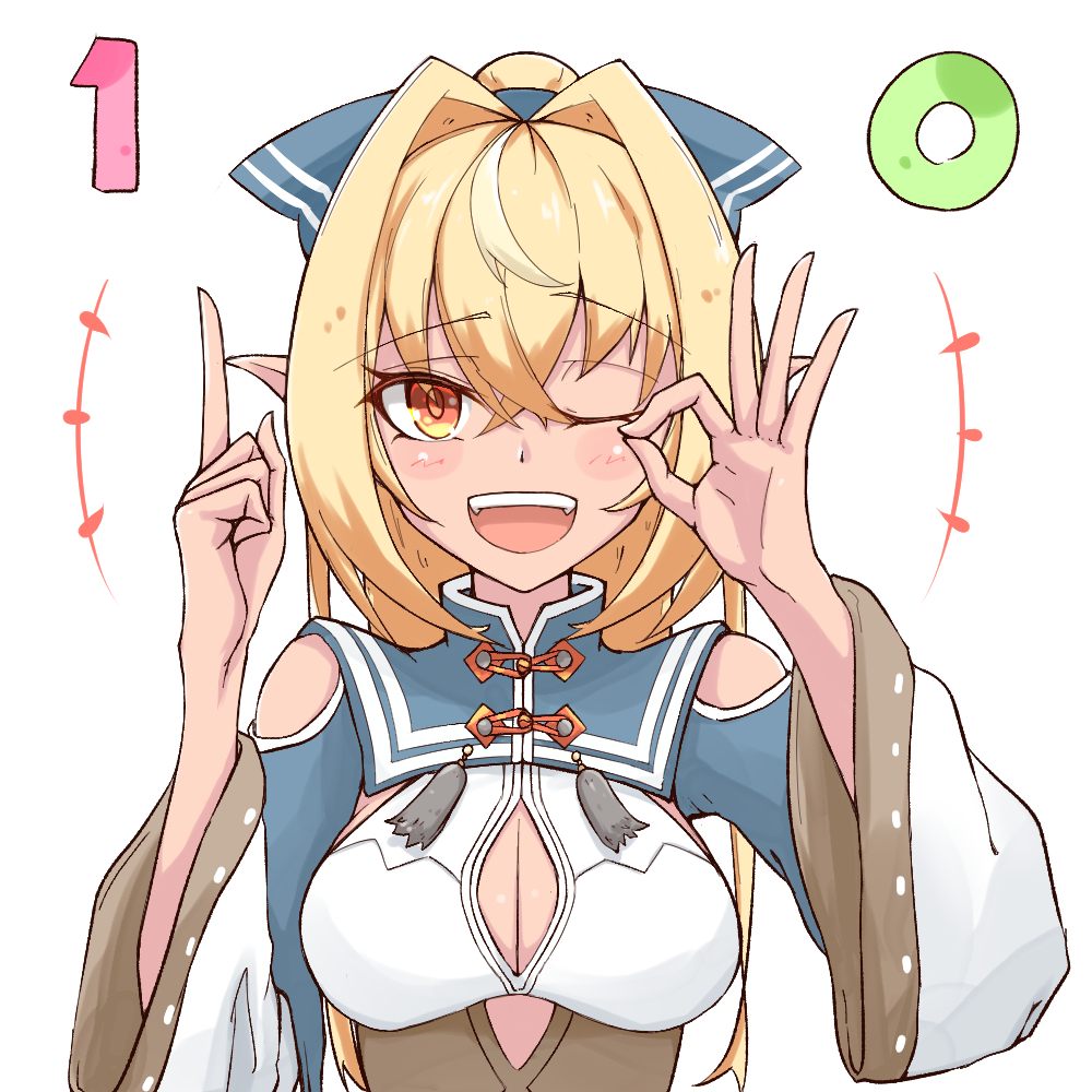 eihire, shiranui flare, shiranui flare (old design), hololive, commentary request, +++, ;d, bare shoulders, blonde hair, blonde streaks, blue bow, blush, blush stickers, bow, breasts, clothing cutout, criss-cross halter, cutout above navel, dark-skinned female, dark skin, detached collar, detached sleeves, elf, finger counting, hair bow, halterneck, long hair, mandarin collar, medium breasts, milestone celebration, multicolored hair, no gloves, one eye closed, open mouth, pointy ears, ponytail, shoulder cutout, simple background, sleeve rolled up, smile, streaked hair, underbust, upper body, virtual youtuber, white background