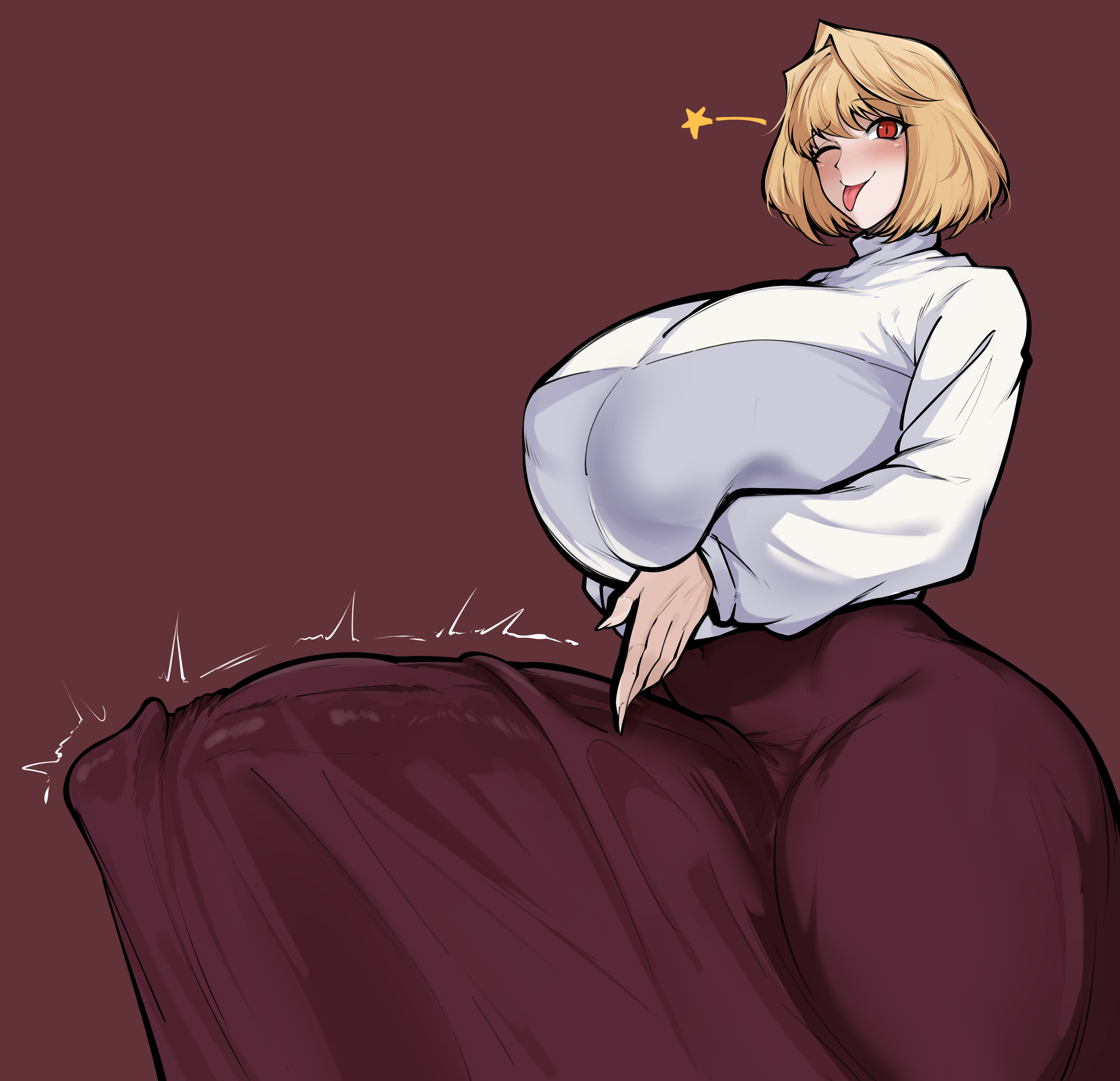 owner1657, arcueid brunestud, tsukihime, absurdres, commentary, highres, symbol-only commentary, :p, alternate body size, alternate breast size (larger), arms under breasts, ass, blonde hair, breasts, bulge, fang, fingernails, futanari, gigantic breasts, hair between eyes, hair intakes, huge ass, large penis, long skirt, looking at viewer, melty blood arcueid figure (meme), meme, one eye closed, penis, purple skirt, sharp fingernails, short hair, skirt, smile, solo, sweater, thick thighs, thighs, tight clothes, tongue, tongue out, turtleneck, turtleneck sweater, white sweater, wide hips