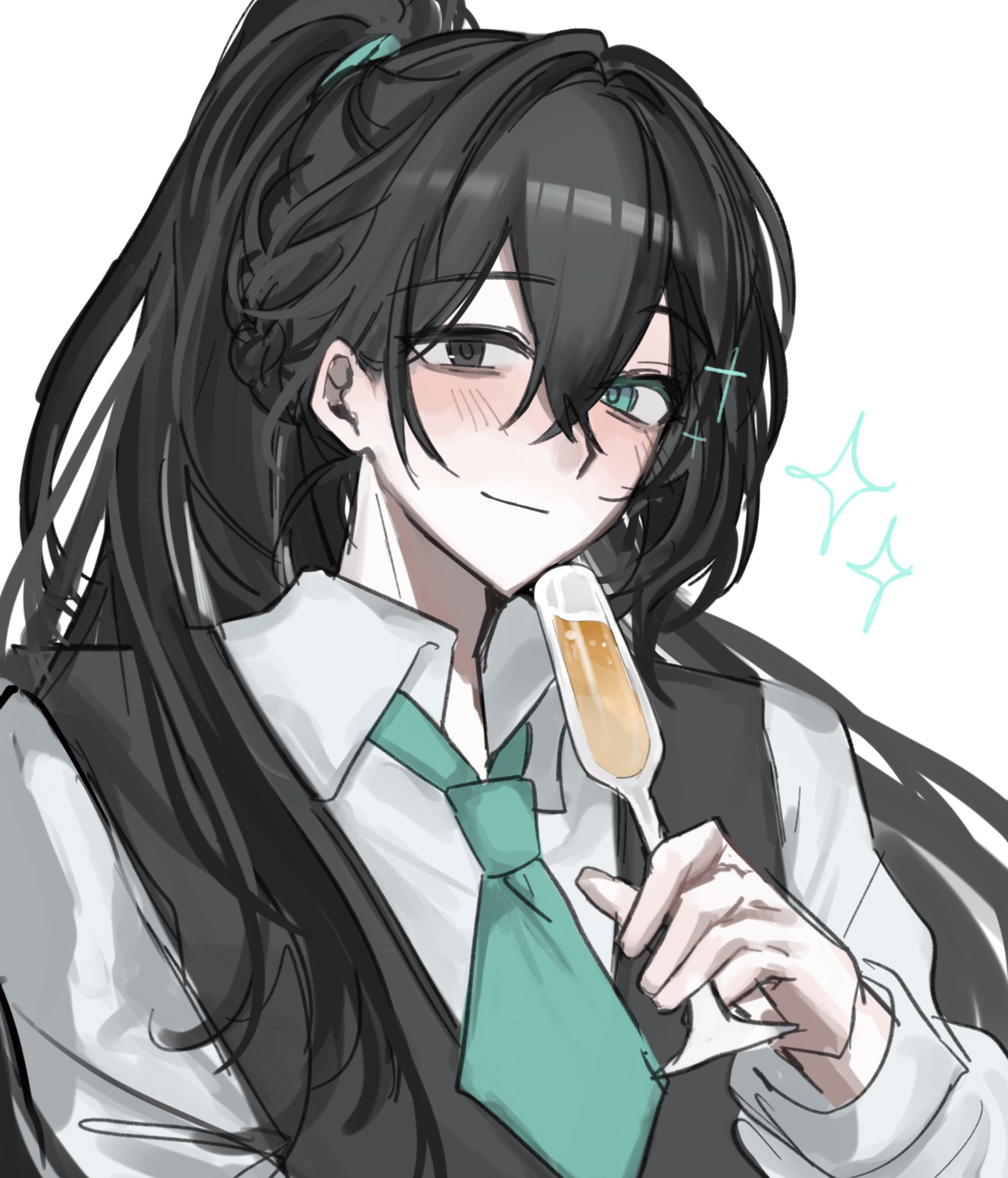 pepo (y02d), hong lu (project moon), limbus company, project moon, commentary request, highres, 1boy, alcohol, aqua eyes, aqua necktie, black eyes, black hair, black vest, blush, braid, champagne, champagne flute, closed mouth, collared shirt, cup, drinking glass, heterochromia, high ponytail, holding, holding cup, long hair, long sleeves, looking at viewer, male focus, necktie, official alternate costume, ponytail, ponytail with braided base, shirt, short necktie, simple background, smile, solo, sparkle, upper body, very long hair, vest, white background, white shirt, wine glass