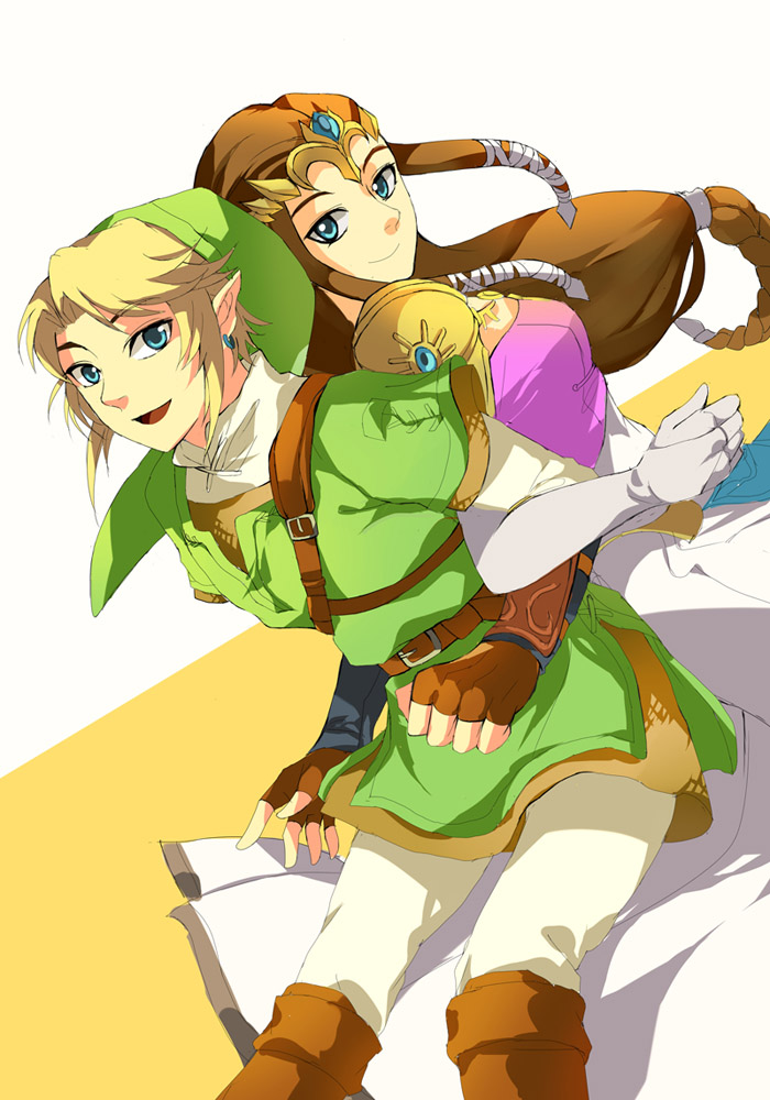 muse (rainforest), link, princess zelda, nintendo, the legend of zelda, the legend of zelda: twilight princess, 1boy, 1girl, back-to-back, blonde hair, blue eyes, brown hair, couple, earrings, elbow gloves, gloves, hetero, jewelry, long hair, pointy ears, smile, tiara