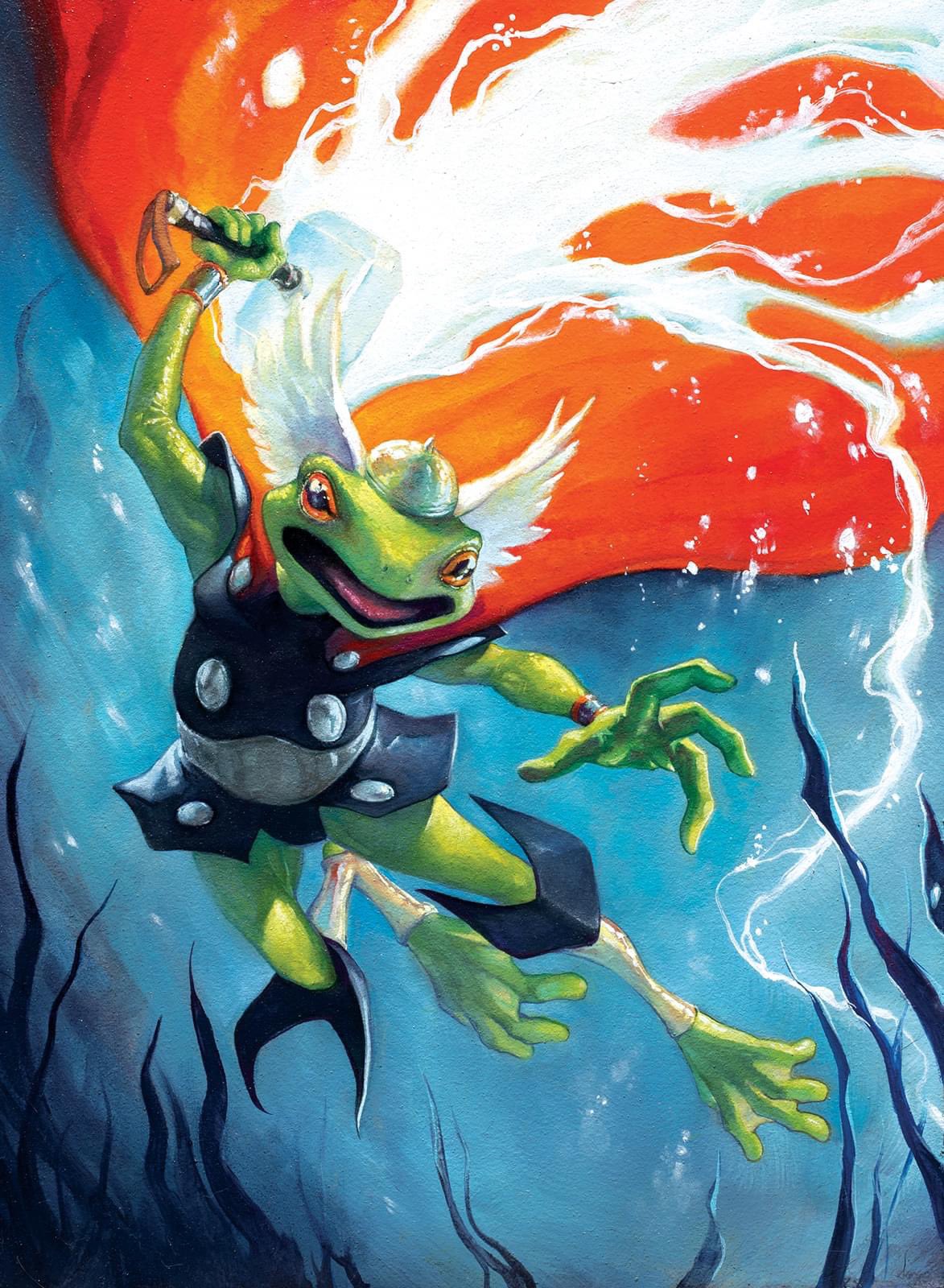 meghan hetrick, thor (marvel), marvel, thor (marvel) (series), commentary, english commentary, highres, oil painting (medium), painting (medium), traditional media, air bubble, bracelet, bubble, cape, frog, hammer, helmet, holding, holding hammer, holding weapon, jewelry, lightning, mjolnir (marvel), no humans, open mouth, orange eyes, red cape, solo, throg (marvel), underwater, water, weapon, winged helmet