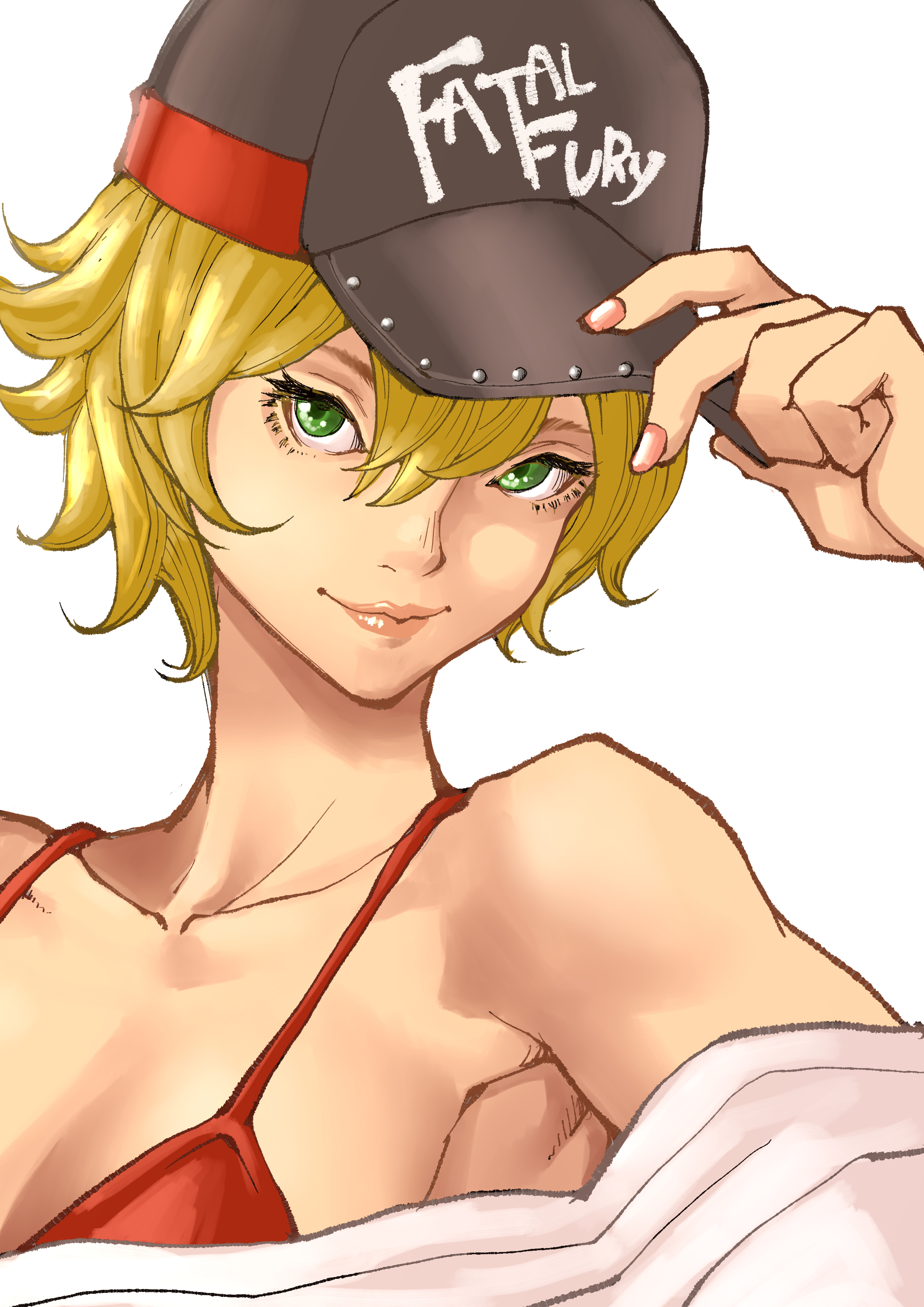 zerosentakuki, alice garnet nakata, the king of fighters, the king of fighters xiv, absurdres, hashtag-only commentary, highres, 1girl, bare shoulders, baseball cap, bikini, bikini top only, blonde hair, breasts, cleavage, collarbone, fatal fury cap, green eyes, hat, large breasts, looking at viewer, loose clothes, loose shirt, off-shoulder shirt, off shoulder, red bikini, shirt, short hair, simple background, smile, solo, star (symbol), swimsuit