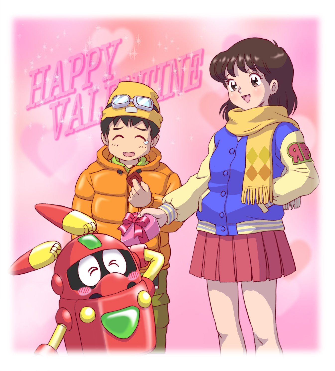 mizutani kenta, rol (robopon), robot ponkottsu, commentary request, highres, 1boy, 1girl, ^ ^, arm behind head, arm up, beanie, black hair, blush, border, box, brown eyes, brown hair, chocolate, closed eyes, coat, food, fringe trim, gift, gift box, goggles, goggles on head, happy, happy valentine, hat, heart-shaped box, holding, holding chocolate, holding food, holding gift, humanoid robot, jacket, letterman jacket, open mouth, orange coat, pink ribbon, pleated skirt, red skirt, ribbon, robot, scarf, shirt, short hair, skirt, smile, standing, sunny (robopon), teardrop, valentine, white border, winter clothes, winter coat, yellow hat, yellow scarf, yellow shirt, yusuke (robopon)