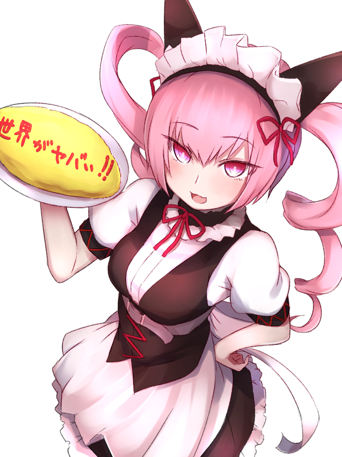 hitotsuki no yagi, akiha rumiho, science adventure, steins;gate, commentary request, highres, 1girl, :3, animal ear hairband, animal ears, belt around waist, belt buckle, buckle, cat ears, drill hair, fake animal ears, food, frills, hairband, hand on own hip, holding, holding tray, long hair, looking at viewer, maid, maid headdress, mayqueen maid uniform, omelet, omurice, pink eyes, pink hair, puffy short sleeves, puffy sleeves, short sleeves, smile, solo, tray, tsurime, twin drills, twintails