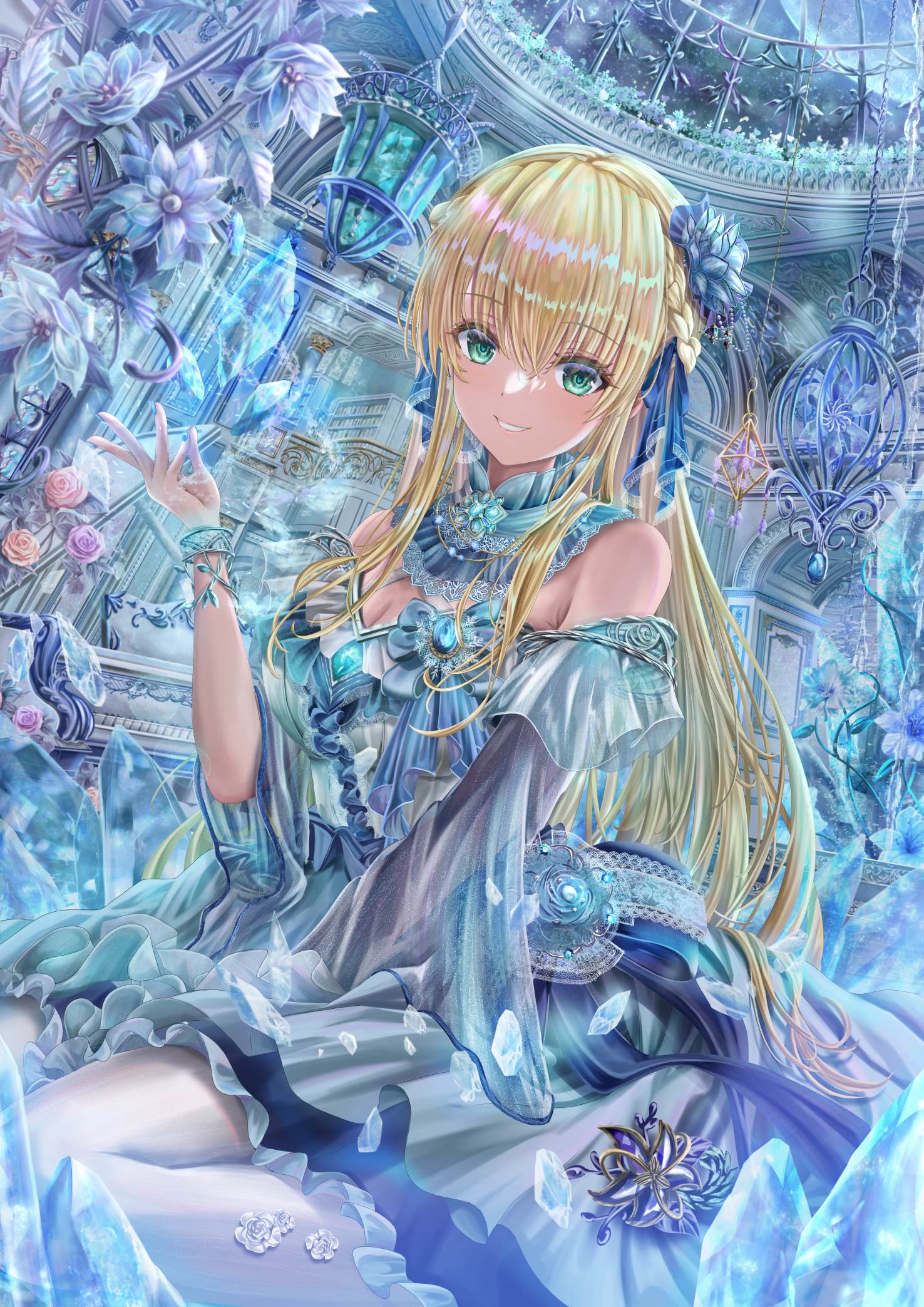 kuroe maruru, toujou tsukasa, heaven burns red, commentary request, highres, 1girl, :d, alternate costume, architecture, bare shoulders, blonde hair, blue dress, blue flower, blue nails, blue ribbon, bracelet, braid, breasts, cleavage, crystal, detached sleeves, dress, dutch angle, eyes visible through hair, feet out of frame, flower, frilled dress, frills, gothic architecture, green eyes, grin, hair between eyes, hair flower, hair ornament, hair ribbon, half up braid, hand up, indoors, jewelry, large breasts, lolita fashion, long hair, long sleeves, looking at viewer, moon, nail polish, night, open mouth, pantyhose, pink flower, pink rose, purple flower, purple rose, ribbon, rose, simple background, sitting, sleeveless, sleeveless dress, smile, solo, straight hair, very long hair, wariza, white pantyhose, wide sleeves, window