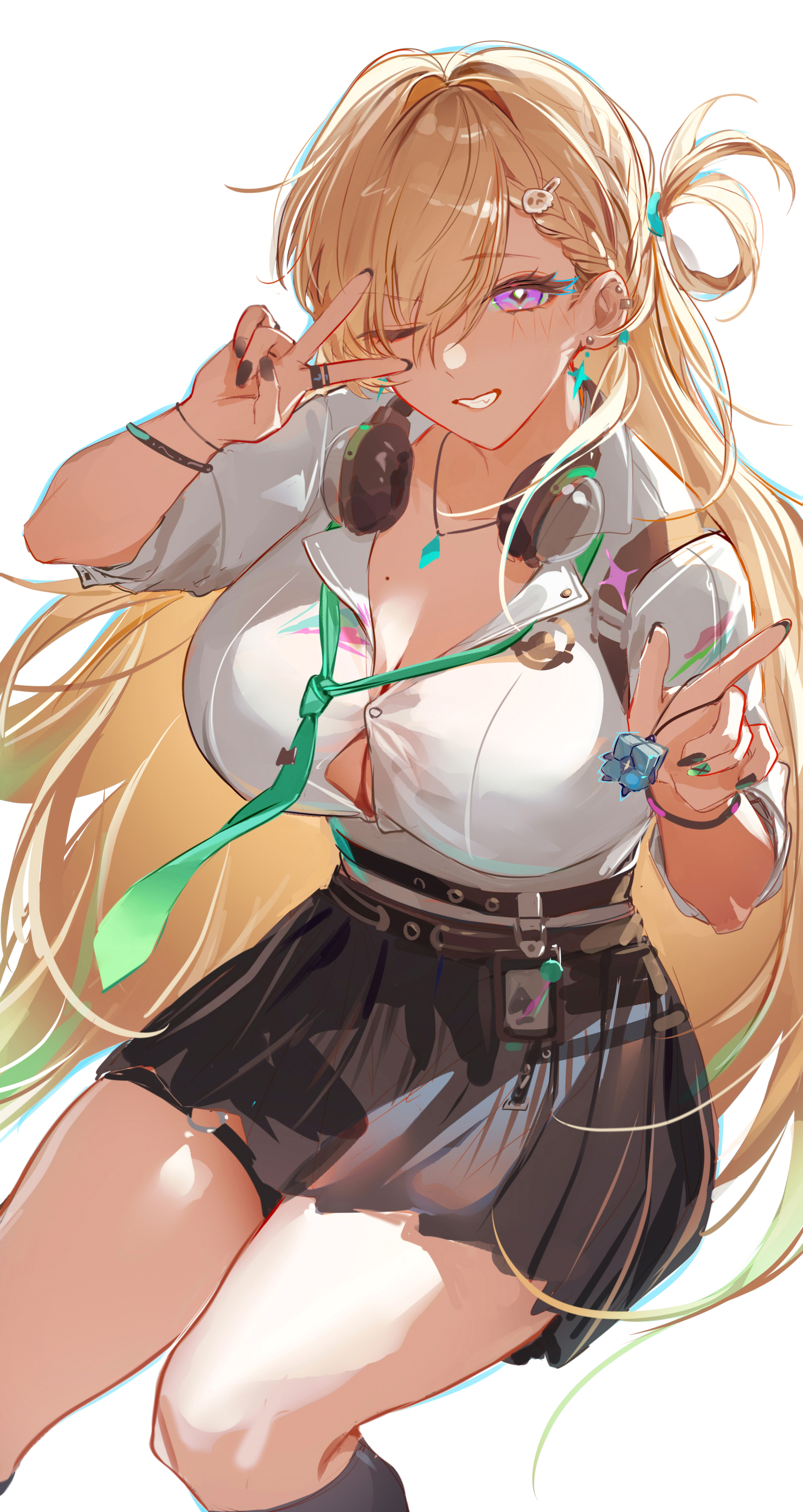 shibuya (kurokamishain), lynae (wuthering waves), wuthering waves, absurdres, commentary, highres, 1girl, aqua necktie, blonde hair, breasts, button gap, charm (object), clang bang (wuthering waves), cleavage, headphones, headphones around neck, id card, large breasts, long hair, looking at viewer, necktie, one eye closed, purple eyes, shirt, simple background, skirt, smile, solo, twitter username, white background, white shirt, white skirt