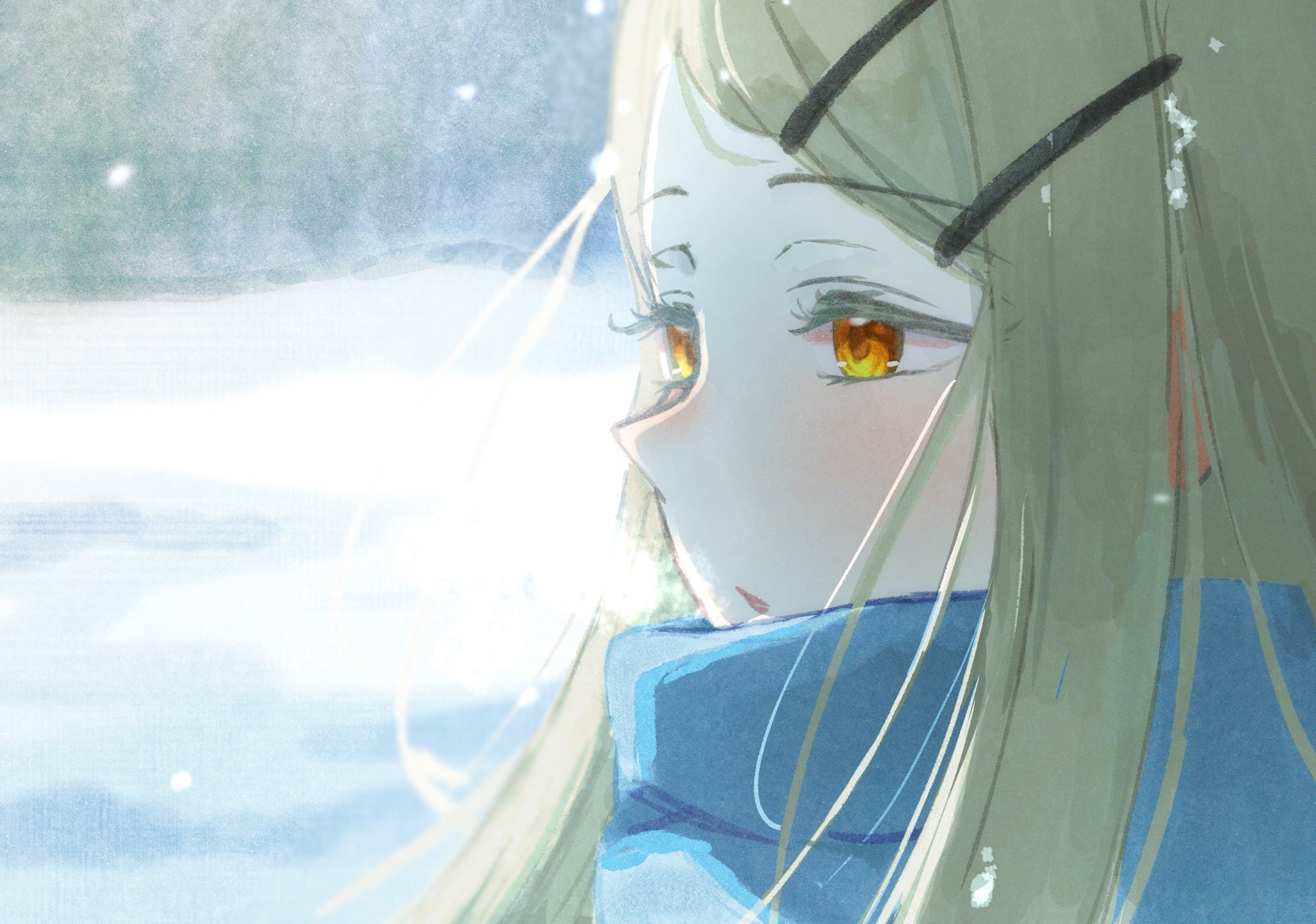 iroha 822, shinosawa hiro, gakuen idolmaster, idolmaster, commentary, highres, 1girl, blonde hair, blue scarf, breath, close-up, hair ornament, hairclip, long hair, looking afar, open mouth, parallel hairclips, portrait, scarf, solo, white background, winter, yellow eyes