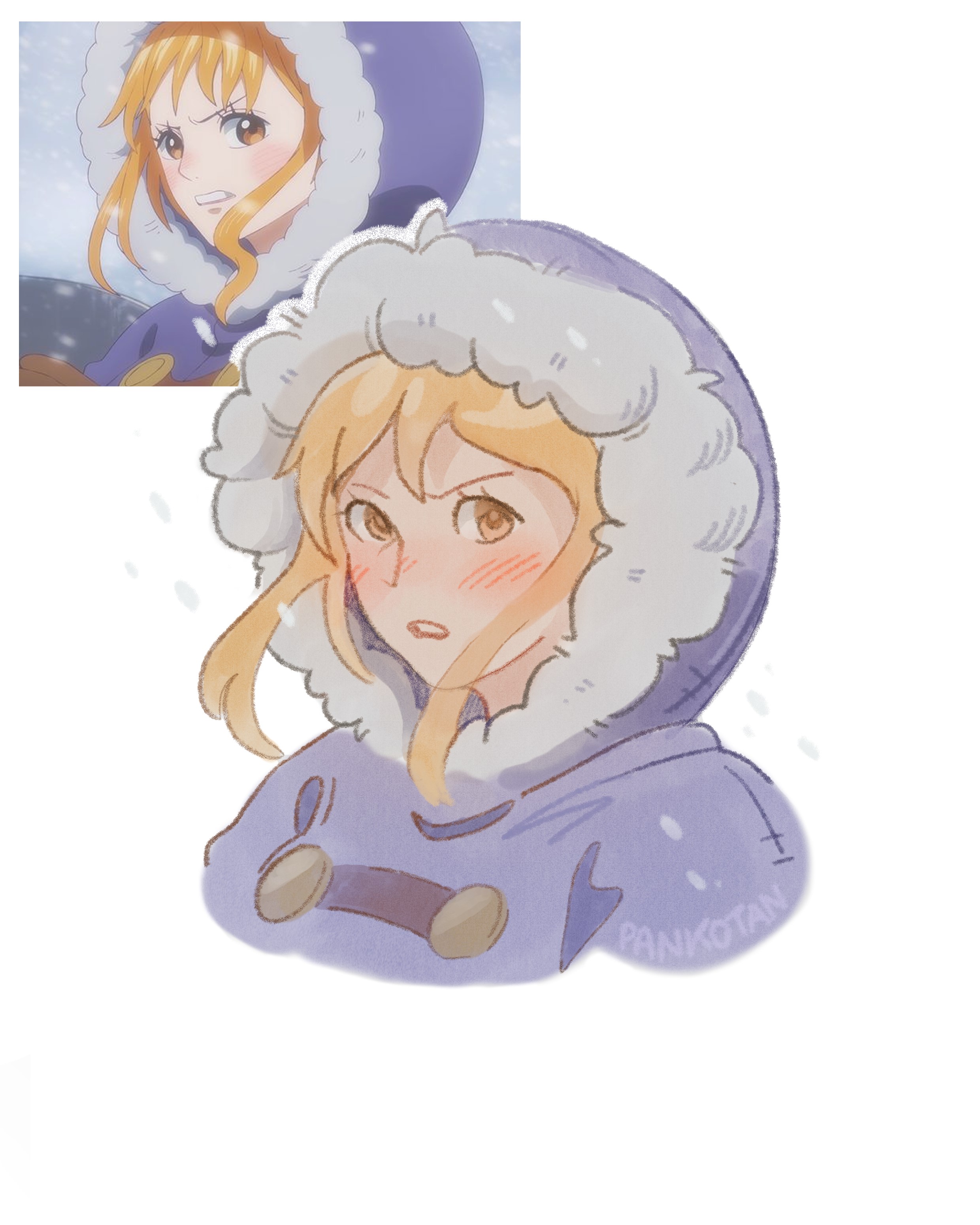 nami (one piece), one piece, absurdres, commentary, english commentary, highres, 1girl, anime screenshot inset, blush, coat, cropped torso, fur-trimmed coat, fur trim, hood, hooded coat, long hair, looking at viewer, official alternate costume, orange eyes, orange hair, pank0tan, parted lips, portrait, purple coat, screenshot inset, sidelocks, snowing, solo, upper body, white background, winter clothes, winter coat