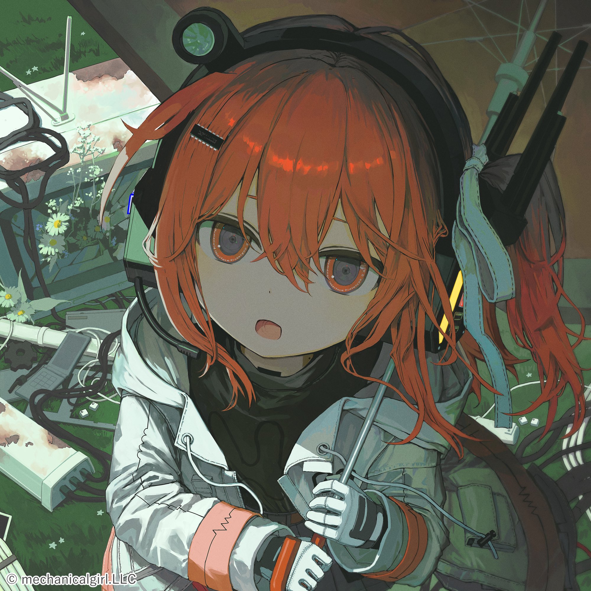 tekito midori, adachi rei, a.i. voice, commentary, highres, merchandise available, official art, 1girl, android, black shirt, camera eyes, cellphone, computer keyboard, copyright notice, crt, drawstring, film grain, flip phone, flower, from above, gloves, grass, hair between eyes, hair ornament, hair ribbon, hairclip, headphones, headset, holding, holding umbrella, hood, hooded jacket, jacket, long sleeves, looking at viewer, medium hair, microphone, one side up, open clothes, open jacket, open mouth, orange eyes, orange hair, outdoors, overgrown, phone, ribbon, rubble, shirt, solo, television, text in eyes, turtleneck, umbrella, white flower, white gloves, white jacket, white ribbon