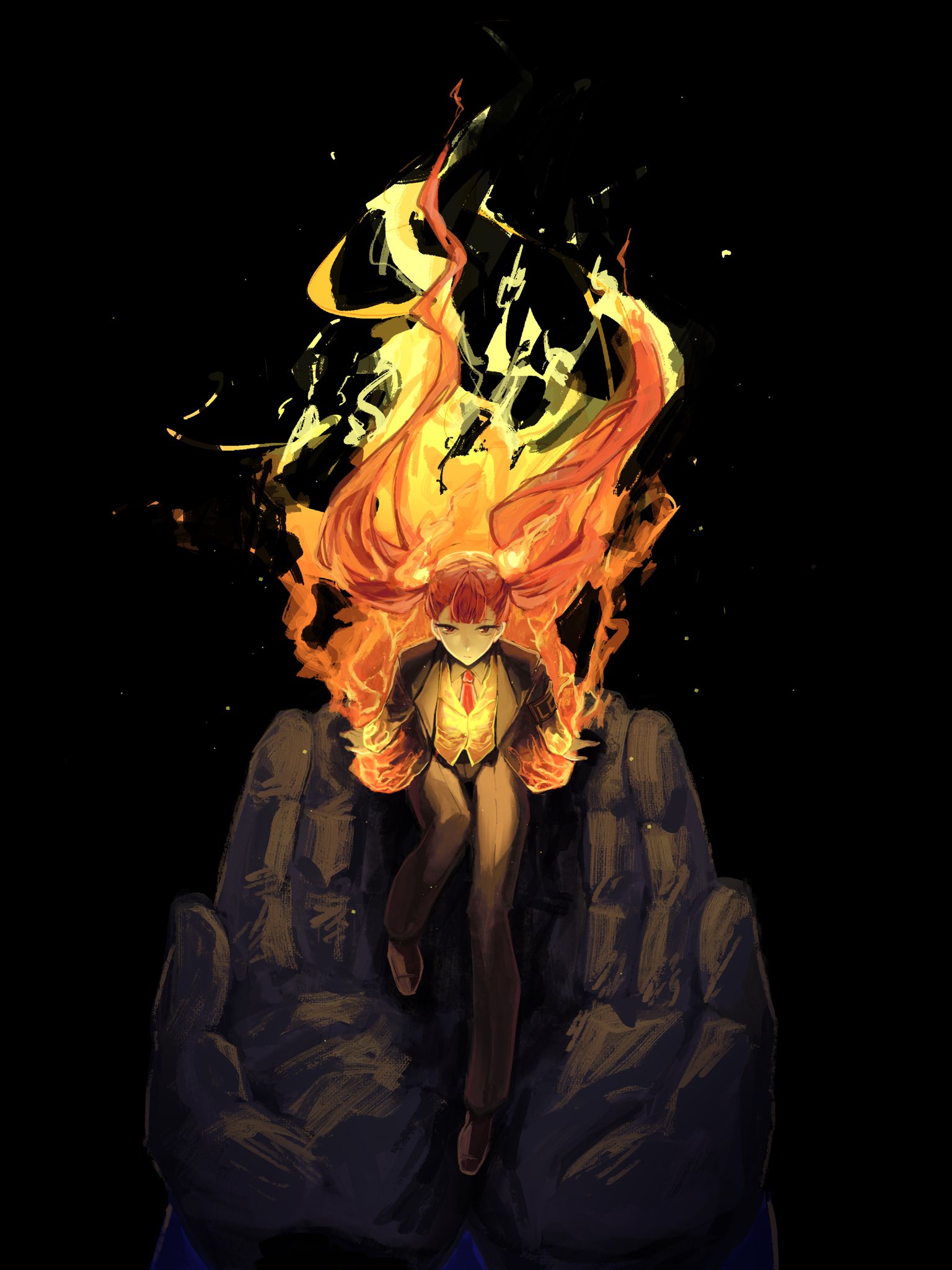 alyssa (project moon), limbus company, project moon, commentary, highres, 1girl, 1other, ardor blossom star (e.g.o), black background, black jacket, black pants, brown shoes, collared shirt, cupping hands, e.g.o (project moon), embers, fiery clothing, fiery hair, fire, fire hair ornament, floating hair, formal clothes, full body, holding, holding mini person, in palm, jacket, konb uwaaaaa, long hair, long sleeves, looking at viewer, mini person, minigirl, necktie, open clothes, open jacket, orange vest, own hands together, pants, pov, pov hands, red hair, red necktie, shirt, shoes, simple background, solo focus, suit, twintails, very long hair, vest