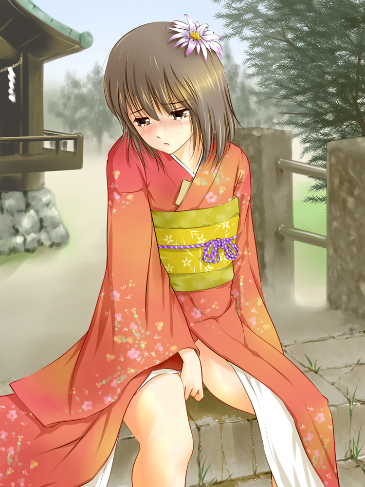 fenderu, 1girl, blush, brown eyes, brown hair, female focus, flower, hair flower, hair ornament, japanese clothes, kimono, obi, pee, peeing, peeing self, sash, sitting, solo, tears