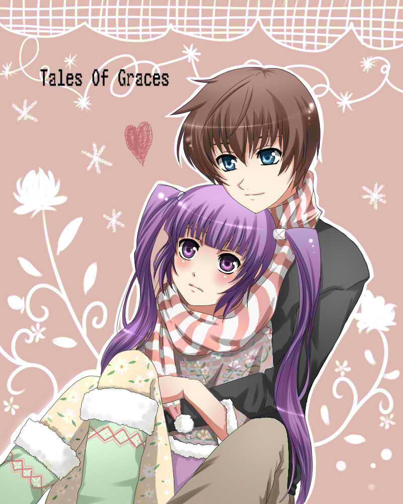 asbel lhant, sophie (tales), tales of (series), tales of graces, 1boy, 1girl, blue eyes, blush, boots, brown eyes, brown hair, couple, hetero, hug, long hair, plant, purple eyes, purple hair, scarf, short hair, sitting, twintails, winter clothes