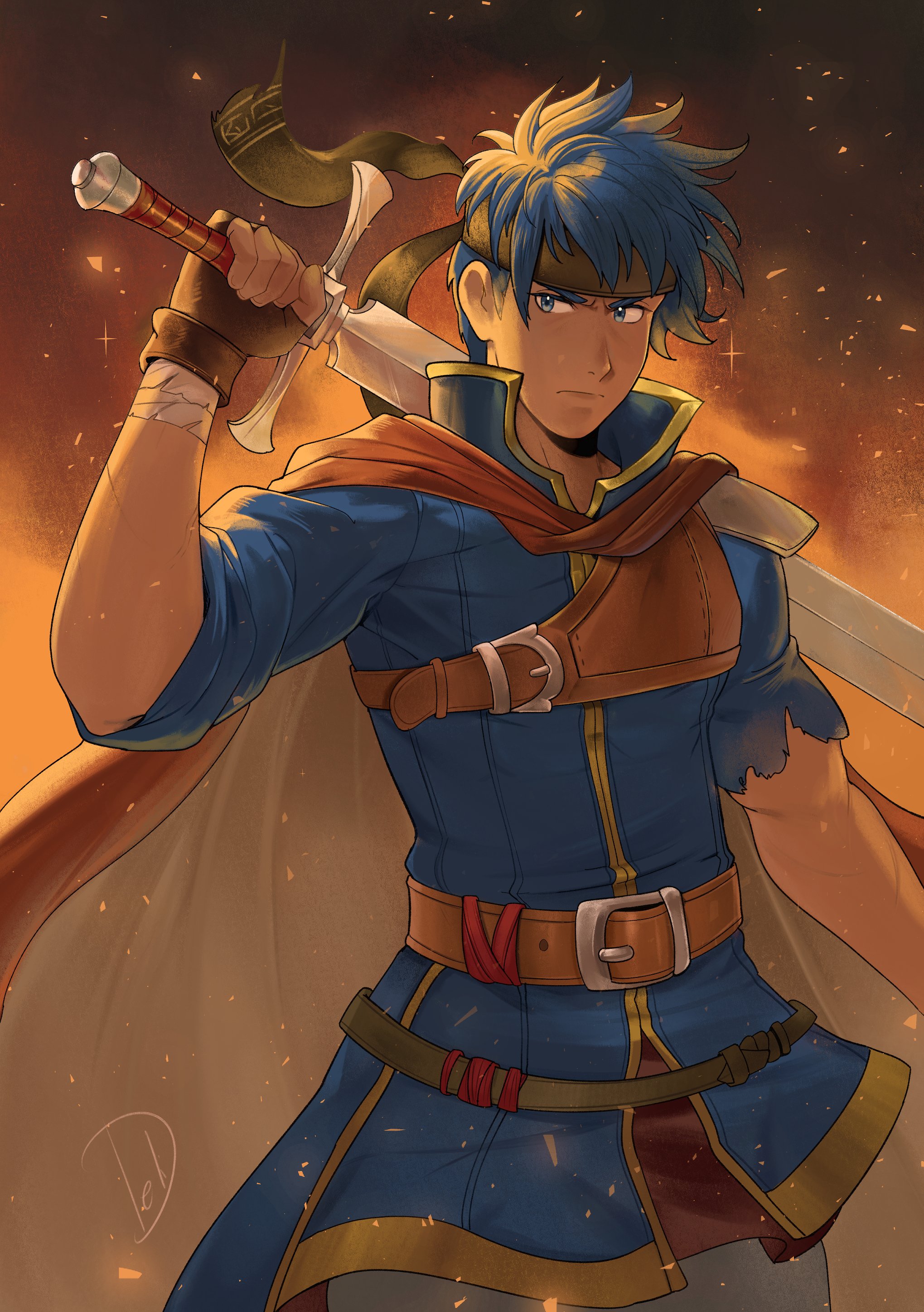 deliciousbrain, ike (fire emblem), fire emblem, fire emblem: path of radiance, nintendo, absurdres, commentary, english commentary, highres, 1boy, belt, blue eyes, blue hair, blue tunic, brown gloves, brown headband, cape, closed mouth, fingerless gloves, gloves, headband, holding, holding sword, holding weapon, male focus, pants, short hair, solo, sword, tunic, weapon
