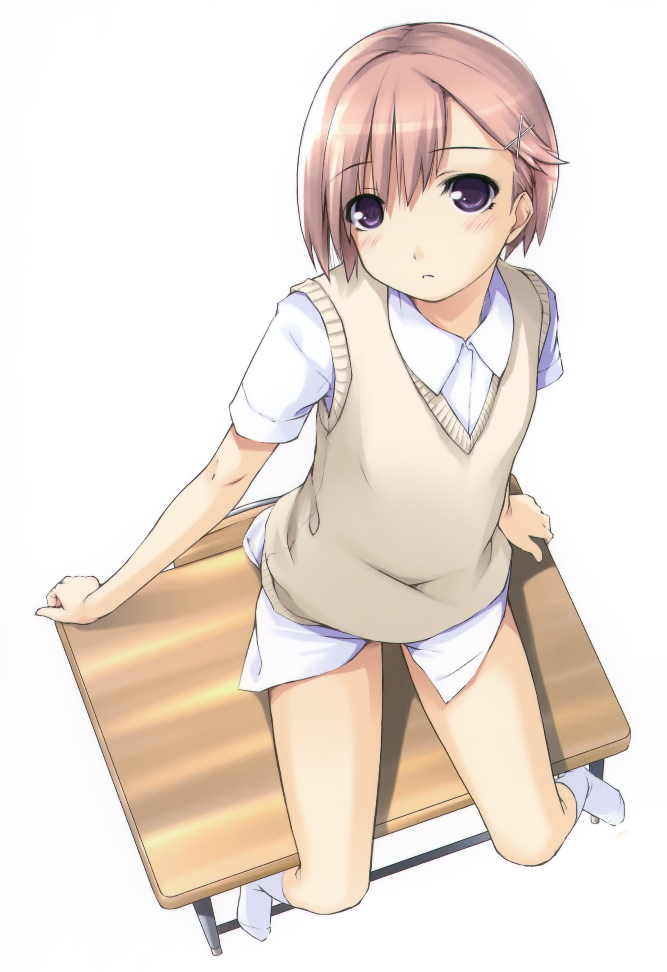 ooji, original, absurdres, highres, 1girl, blonde hair, blush, bottomless, desk, female focus, from above, hair ornament, hairclip, legs, looking up, on desk, purple eyes, school uniform, short hair, sitting, socks, solo, sweater, sweater vest, thighs