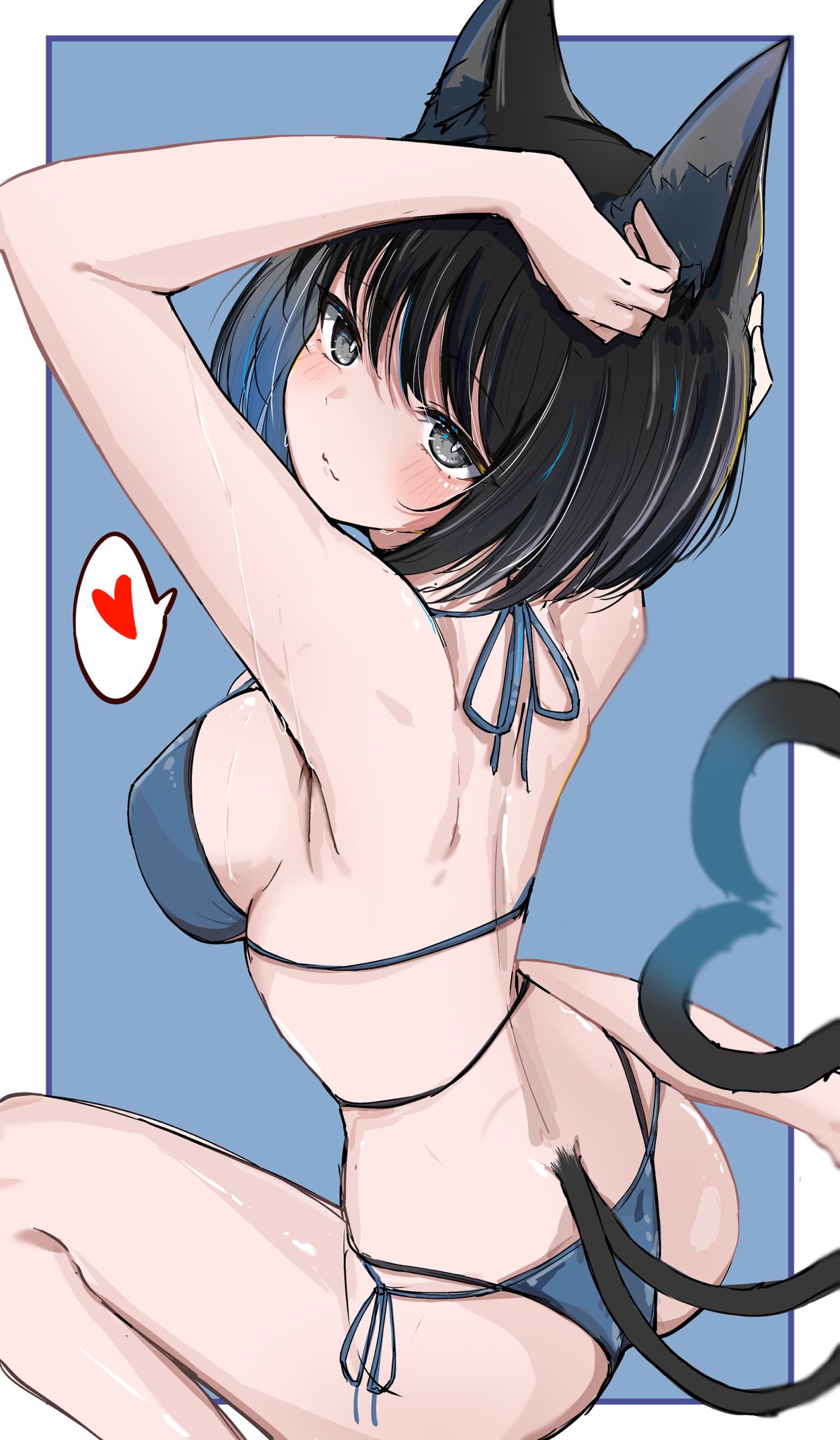 toshino niko, kikyou (blue archive), kikyou (swimsuit) (blue archive), blue archive, commentary request, highres, 1girl, arm up, armpits, back, bikini, black eyes, black hair, black tail, blue background, blue bikini, blue tail, blush, breasts, cat girl, cat tail, closed mouth, colored inner animal ears, covered erect nipples, halterneck, heart, inset border, large breasts, multi-strapped bikini bottom, multiple tails, no halo, official alternate costume, short hair, side-tie bikini bottom, sitting, solo, swimsuit, tail, thighs, wariza