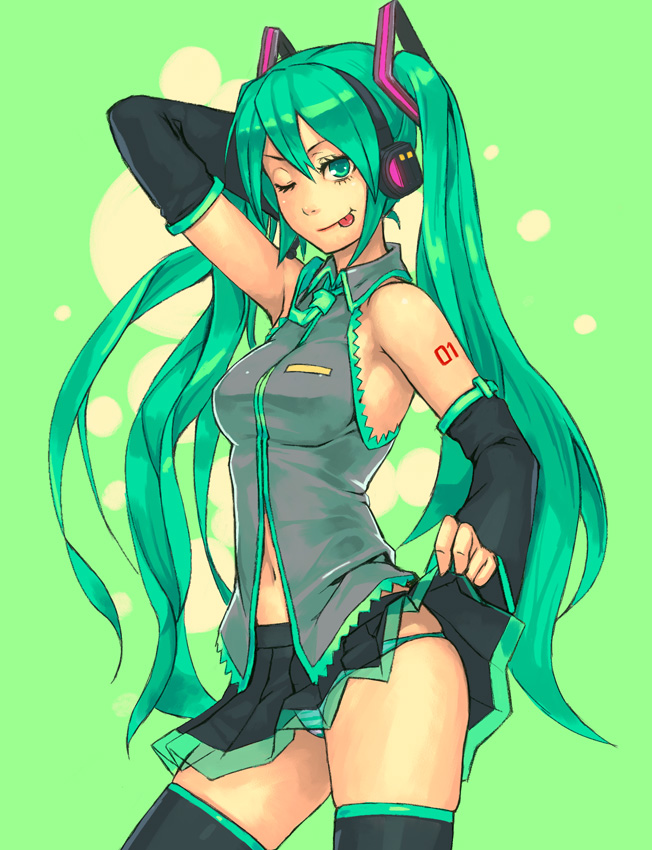 yuuji (and), hatsune miku, vocaloid, bad id, bad pixiv id, 1girl, ;p, armpits, bare shoulders, clothes lift, female focus, hand on own hip, hip focus, long hair, one eye closed, panties, skirt, skirt lift, solo, striped clothes, striped panties, thighhighs, tongue, tongue out, underwear, upskirt, very long hair, wink