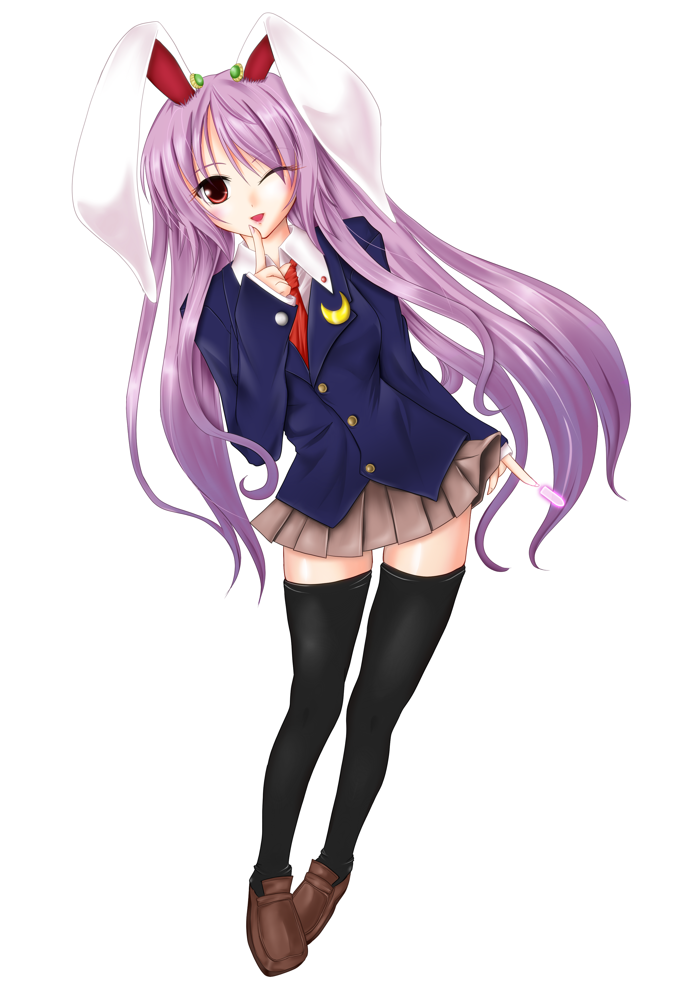 fule, reisen udongein inaba, touhou, absurdres, highres, 1girl, animal ears, black thighhighs, blazer, female focus, finger to mouth, full body, jacket, loafers, long hair, necktie, one eye closed, open mouth, purple hair, rabbit ears, red eyes, red necktie, shoes, skirt, smile, solo, standing, thighhighs, transparent background, very long hair, wink, zettai ryouiki