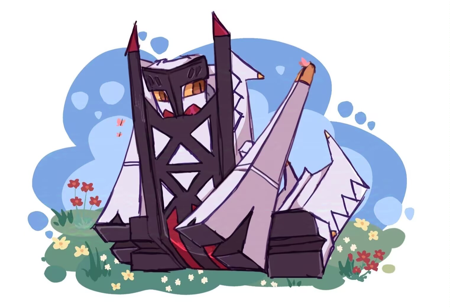 badfish08, archaludon, nintendo, pokemon, brown eyes, colored sclera, flower, full body, grass, no humans, outdoors, pokemon (creature), pokemon focus, red flower, sitting, slit pupils, solo, white flower, yellow sclera