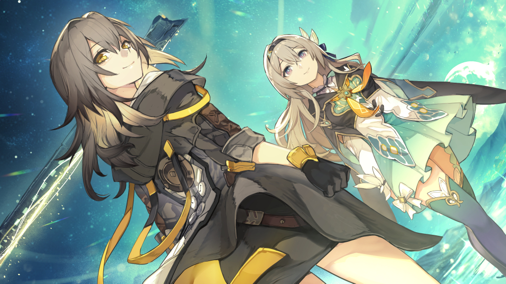 hide (hideout), firefly (honkai: star rail), stelle (honkai: star rail), trailblazer (honkai: star rail), honkai: star rail, honkai (series), commentary request, 2girls, aqua skirt, aqua thighhighs, black gloves, black hairband, black jacket, blue pupils, dutch angle, gloves, gradient hair, grey hair, hair between eyes, hairband, jacket, long hair, looking at viewer, multicolored eyes, multicolored hair, multiple girls, neckerchief, orange neckerchief, purple eyes, skirt, smile, thighhighs, two-tone eyes, yellow eyes