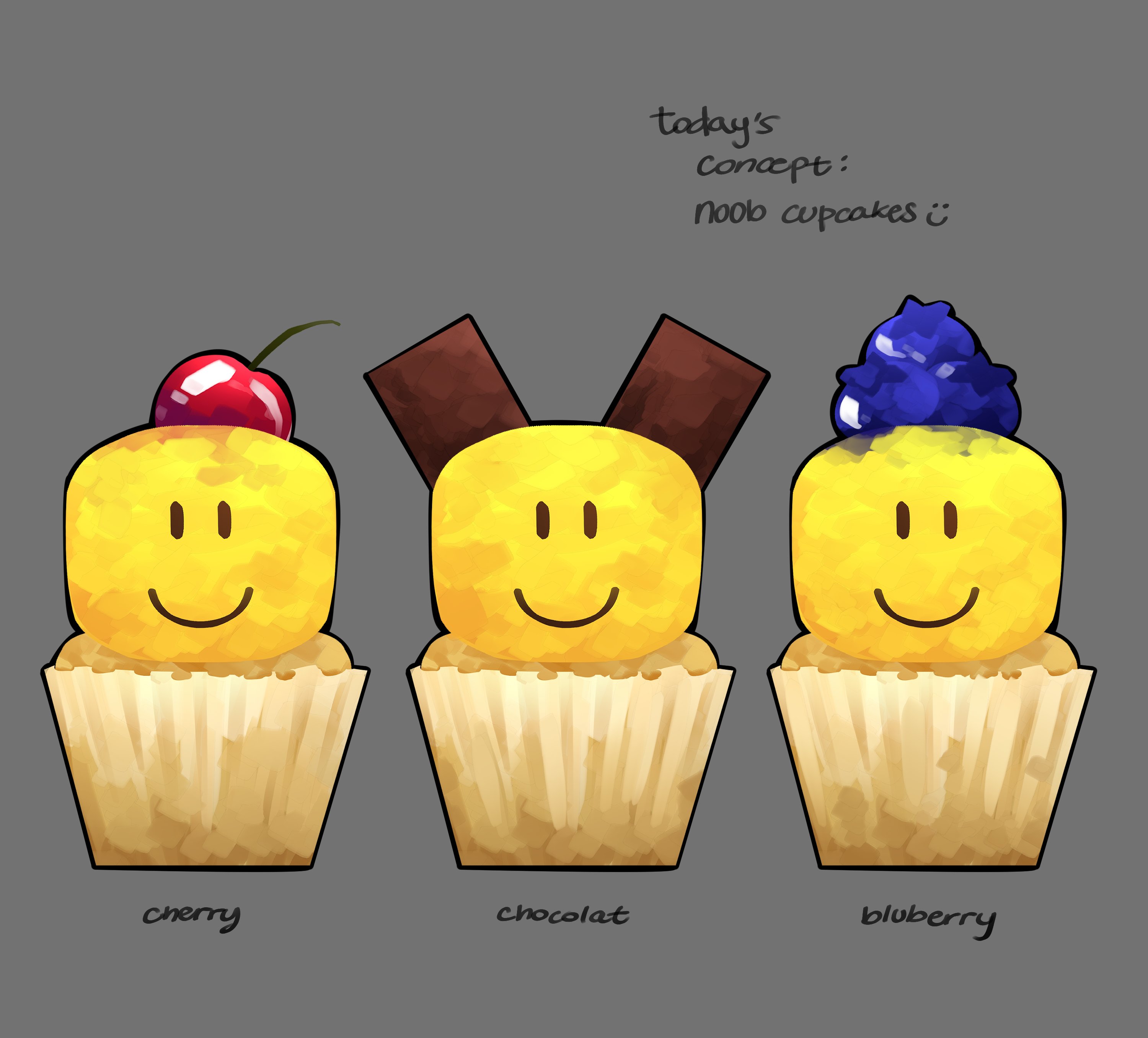 himochuu, noob (roblox), roblox, absurdres, highres, blueberry, character-themed food, cherry, chocolate, cupcake, english text, food, food focus, fruit, no humans, smile