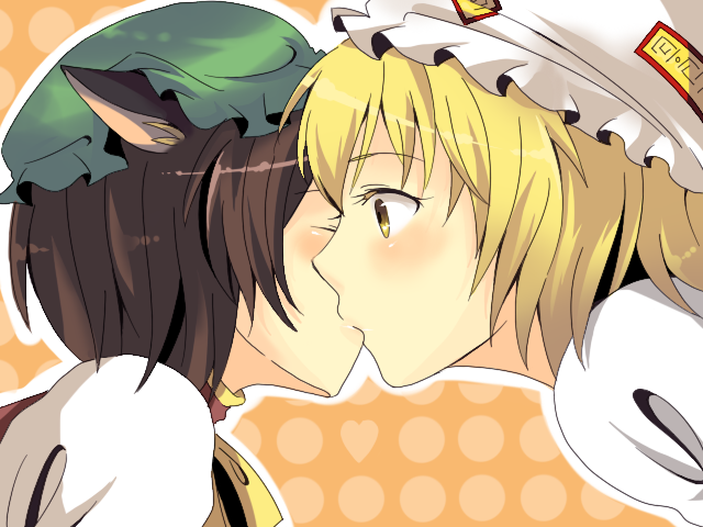 avix, chen, yakumo ran, touhou, wall, bad id, bad pixiv id, 2girls, blush, closed eyes, female focus, heart, kiss, multiple girls, polka dot, upper body, yuri