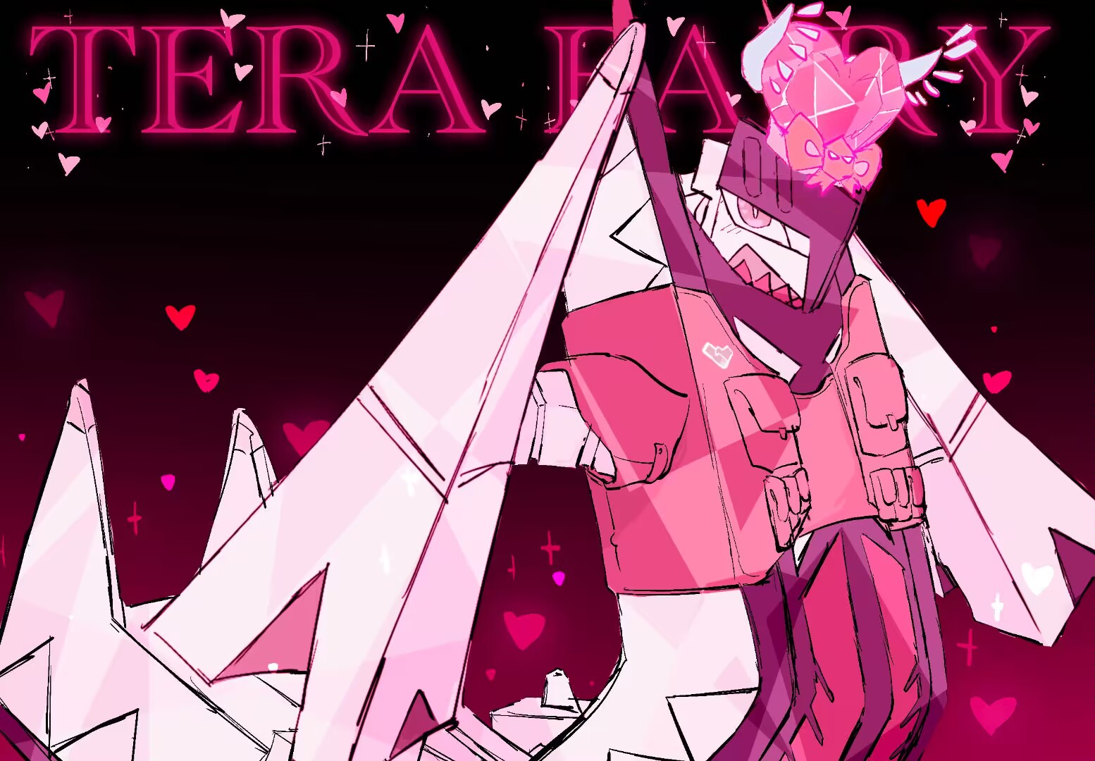 badfish08, archaludon, nintendo, pokemon, assault vest (pokemon), clothed pokemon, heart, lower teeth only, no humans, open mouth, pokemon (creature), pokemon focus, red vest, sharp teeth, solo, teeth, terastallization, vest