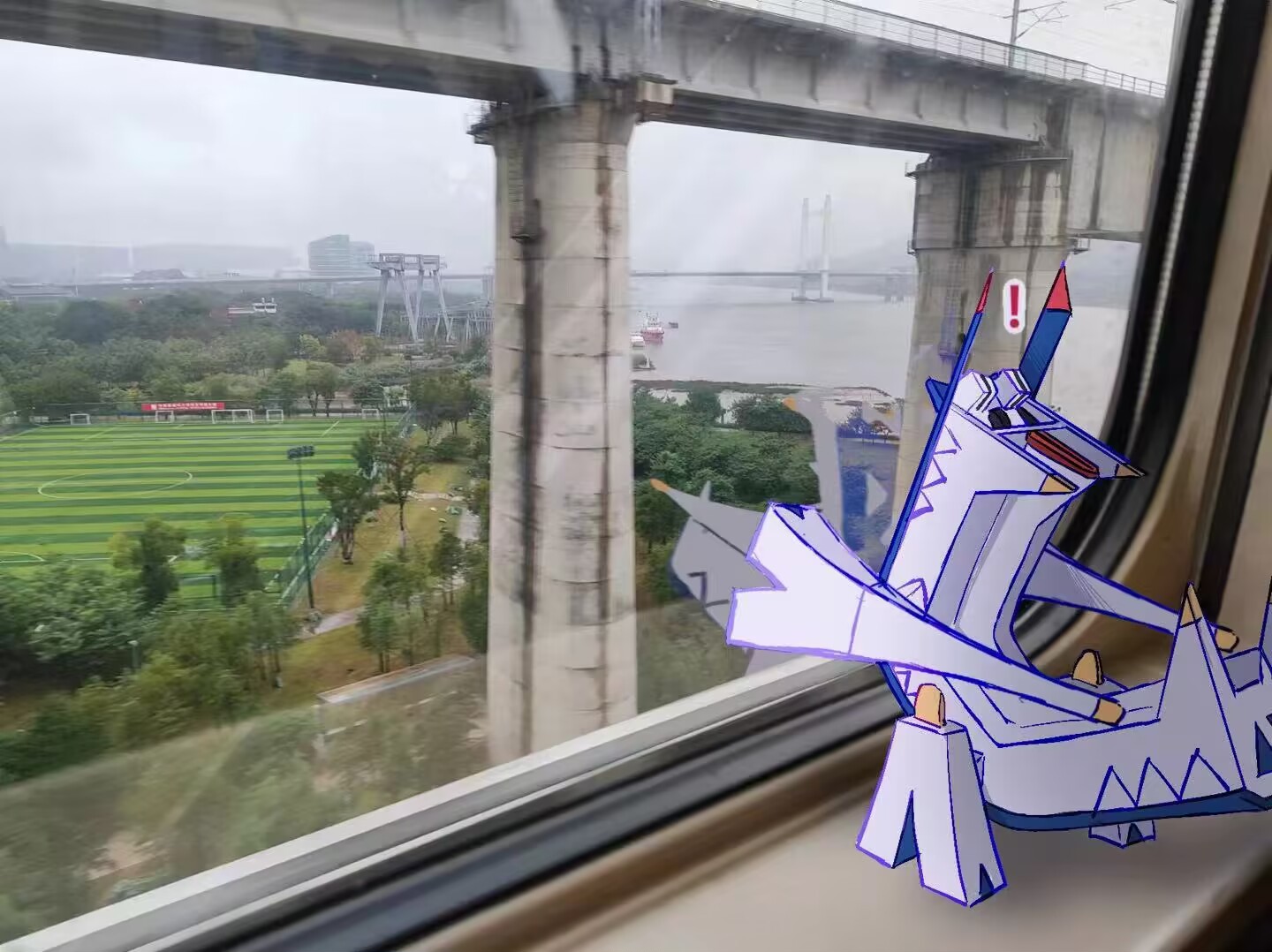 badfish08, archaludon, nintendo, pokemon, !, bridge, from behind, looking outside, no humans, photo background, pokemon (creature), pokemon focus, soccer field, solo, tree, window