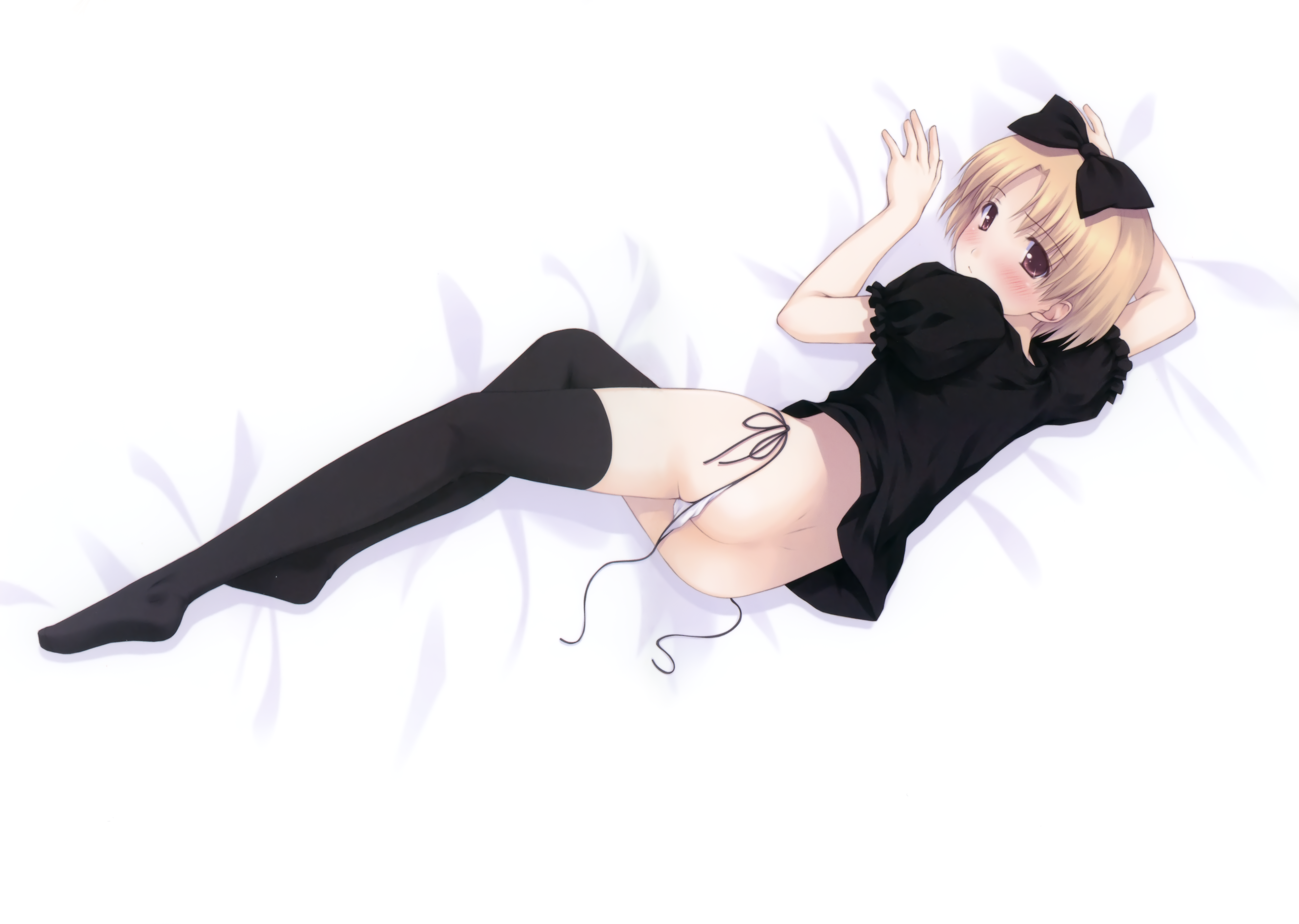 ooji, original, european clothes, absurdres, highres, 1girl, ass, blonde hair, blush, female focus, full body, hair ribbon, legs, looking back, lying, midriff, navel, panties, purple eyes, ribbon, short hair, side-tie panties, solo, thighhighs, underwear, undressing, untied panties, white panties