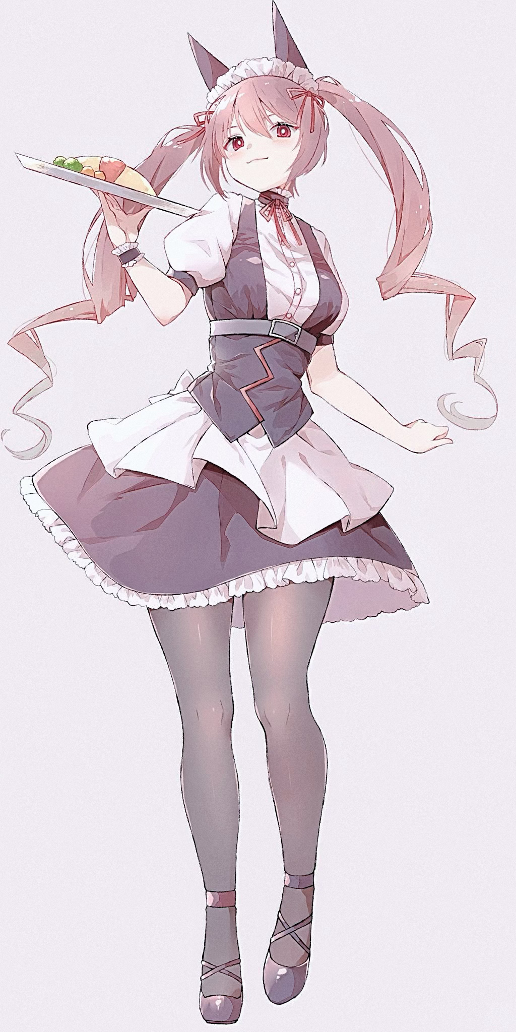 manatsuki manata, akiha rumiho, science adventure, steins;gate, commentary request, highres, 1girl, animal ear hairband, animal ears, belt around waist, belt buckle, black pantyhose, black shoes, buckle, cat ears, drill hair, fake animal ears, frills, hairband, long hair, looking at viewer, maid, maid headdress, mary janes, mayqueen maid uniform, pantyhose, pink eyes, pink hair, puffy short sleeves, puffy sleeves, shoes, short sleeves, smile, solo, tsurime, twin drills, twintails