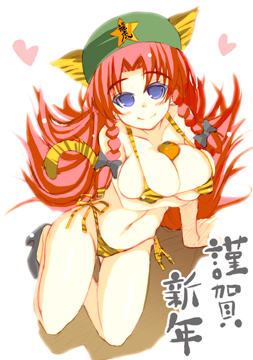 mabuchoco m, hong meiling, touhou, breast hold, 1girl, animal ears, animal print, between breasts, bikini, blue eyes, braid, breasts, female focus, food, fruit, hat, heart, kagami mochi, long hair, micro bikini, navel, orange (fruit), red hair, solo, swimsuit, tail, tiger ears, tiger print, tiger tail, twin braids, very long hair