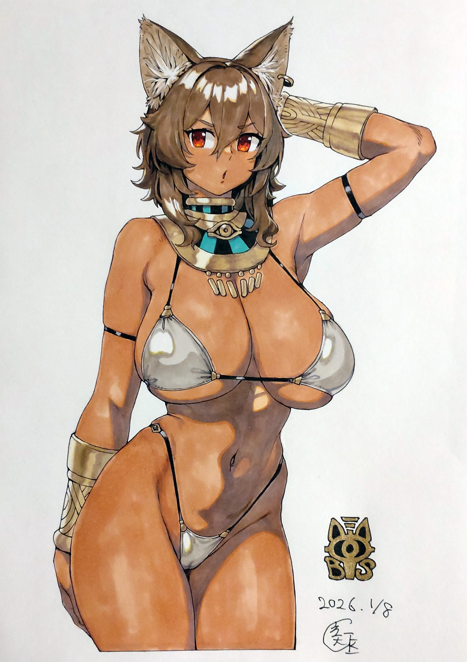 houtengeki, bastet (houtengeki), original, commentary request, highres, traditional media, 1girl, animal ears, bikini, breasts, brown hair, cat ears, cropped legs, dark-skinned female, dark skin, dated, earrings, gold bracer, hair between eyes, highleg, highleg bikini, jewelry, large breasts, long hair, looking at viewer, red eyes, short hair, silver bikini, single earring, skindentation, solo, swimsuit, usekh collar