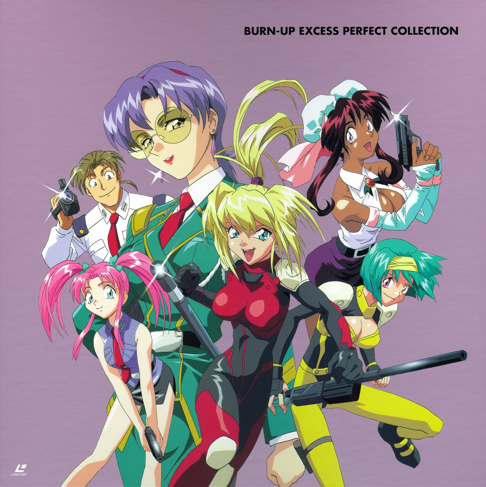 jinguu maya, kawazaki maki, kinezono rio, lilica evett, nanvel candlestick, naruo yuji, burn-up, burn-up excess, artist request, highres, non-web source, official art, 1990s (style), 1boy, 5girls, belt, blonde hair, blue eyes, blue hair, bodysuit, breasts, brooch, brown hair, bun cover, cleavage, cleavage cutout, clothing cutout, copyright name, cover, crystal earrings, dark skin, detached sleeves, double bun, dvd cover, earrings, elbow gloves, glasses, glint, gloves, green hair, gun, hair bun, hairband, handgun, headband, jewelry, logo, long hair, medium breasts, multiple girls, necktie, open mouth, pink hair, police, police uniform, policewoman, purple background, purple eyes, retro artstyle, ribbon, rifle, shirt, short hair, simple background, skirt, smile, tonfa, twintails, weapon