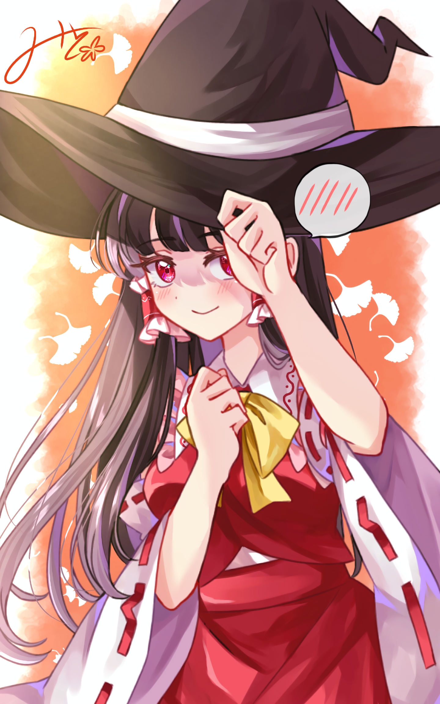 mito (fate), hakurei reimu, touhou, commentary request, highres, 1girl, black hat, blush, borrowed clothes, bow, bowtie, brown hair, closed mouth, detached sleeves, frilled hair tubes, frills, hair tubes, hat, long hair, looking at viewer, red eyes, red skirt, ribbon-trimmed sleeves, ribbon trim, signature, skirt, skirt set, smile, solo, spoken blush, very long hair, witch hat, yellow bow, yellow bowtie